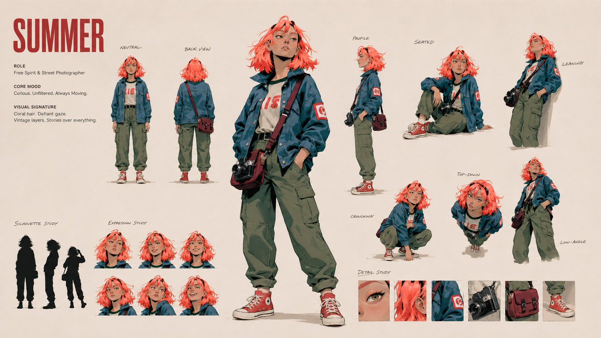 创作一幅艺术化的 16:9 角色身份识别板（CHARACTER IDENTITY BOARD）。 以图像 A 作为主体与视觉媒介。姓名：Clara。固定耳机。（请根据需要修改此行。） 柔和的米...