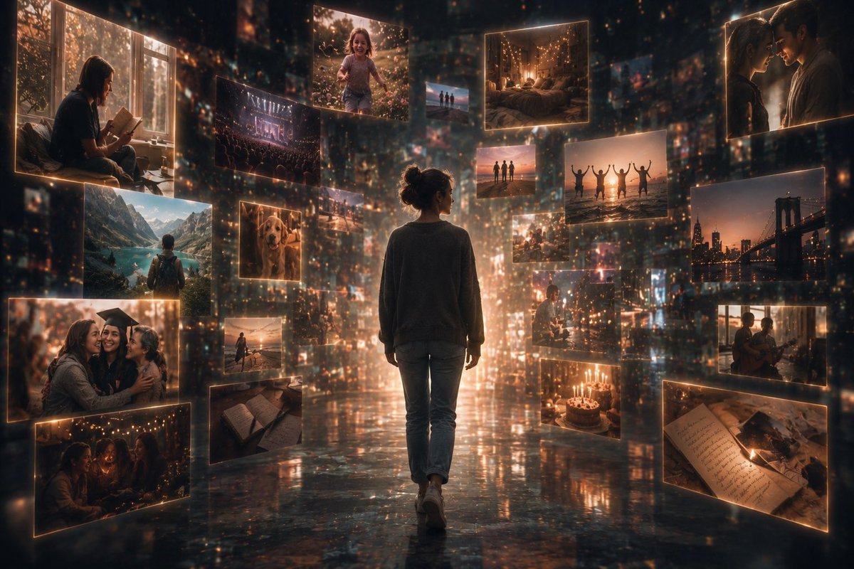 展示我走过一条由漂浮的记忆构成的走廊。每段记忆呈现为一个悬浮在空中的发光电影画面。温暖怀旧的灯光,情感氛围,逼真的人物肖像,梦幻般的叙事,电影级视觉画面,8K画质。