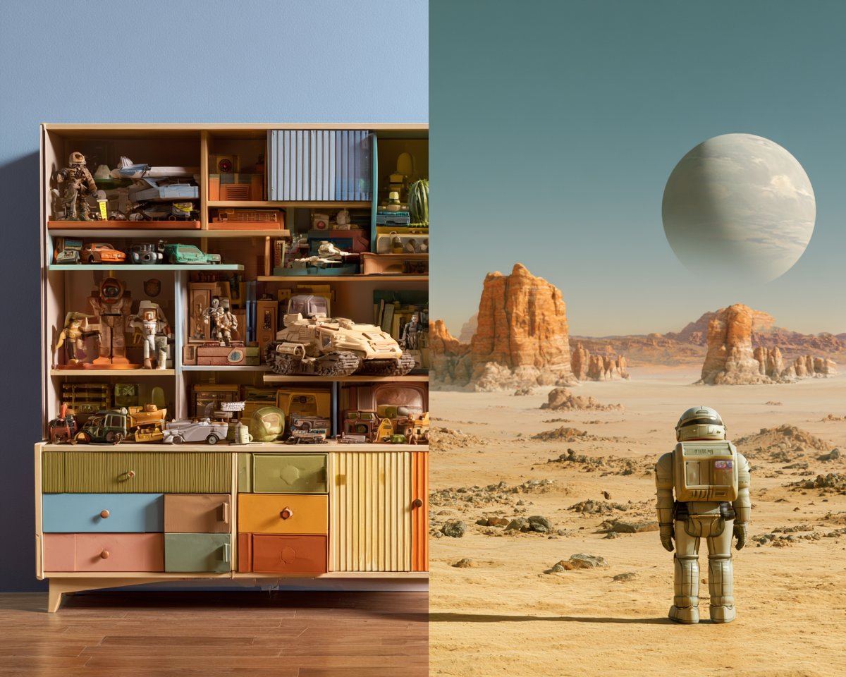 高级照片，原创复古科幻玩具架，展示宇宙英雄人偶、外星伙伴、水晶沼泽载具、古代遗迹和蒙面反派人偶，排列为一个连贯的玩具系列，彩色纸板行星背景，柔和的周末工作室光线，干净无品牌图像表面，完全原创设...