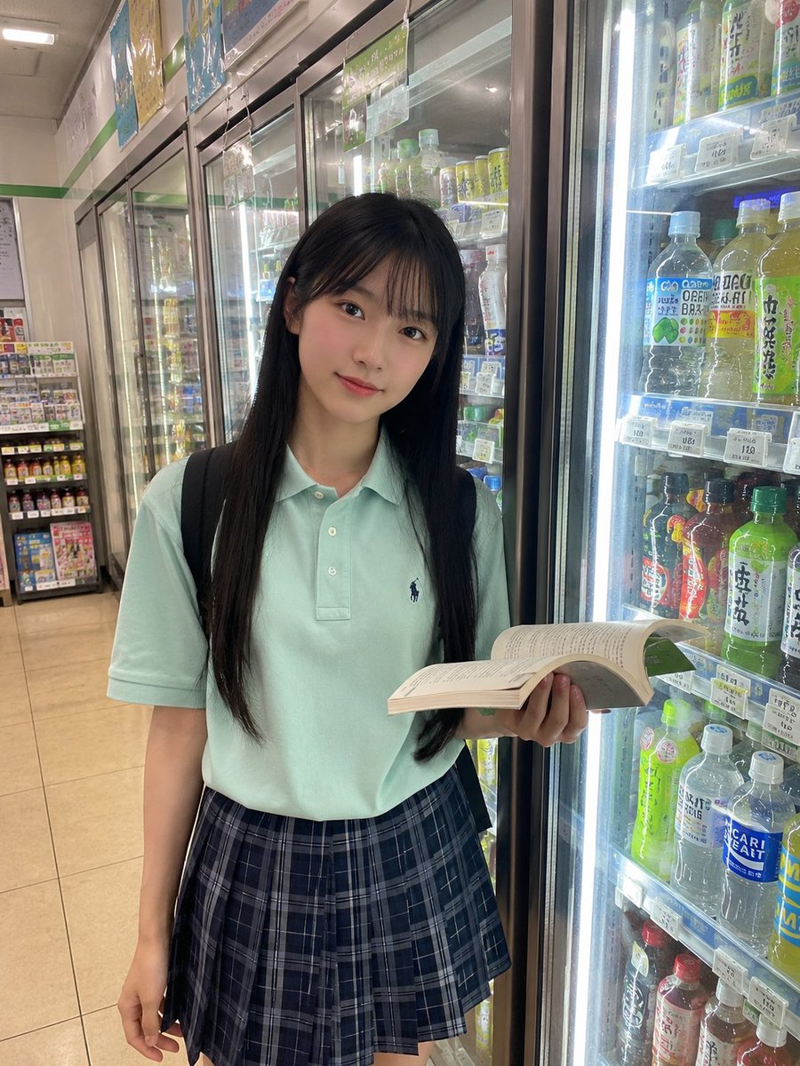 日本女孩，留着长直黑色头发和柔和的稀疏刘海，穿着薄荷绿色 polo 衫和蓝色格纹裙，随意地站在一家便利店装满色彩缤纷饮品的冰箱前。一只手拿着一本翻开的书，姿态放松，神情柔和自然，日常学生气息。...
