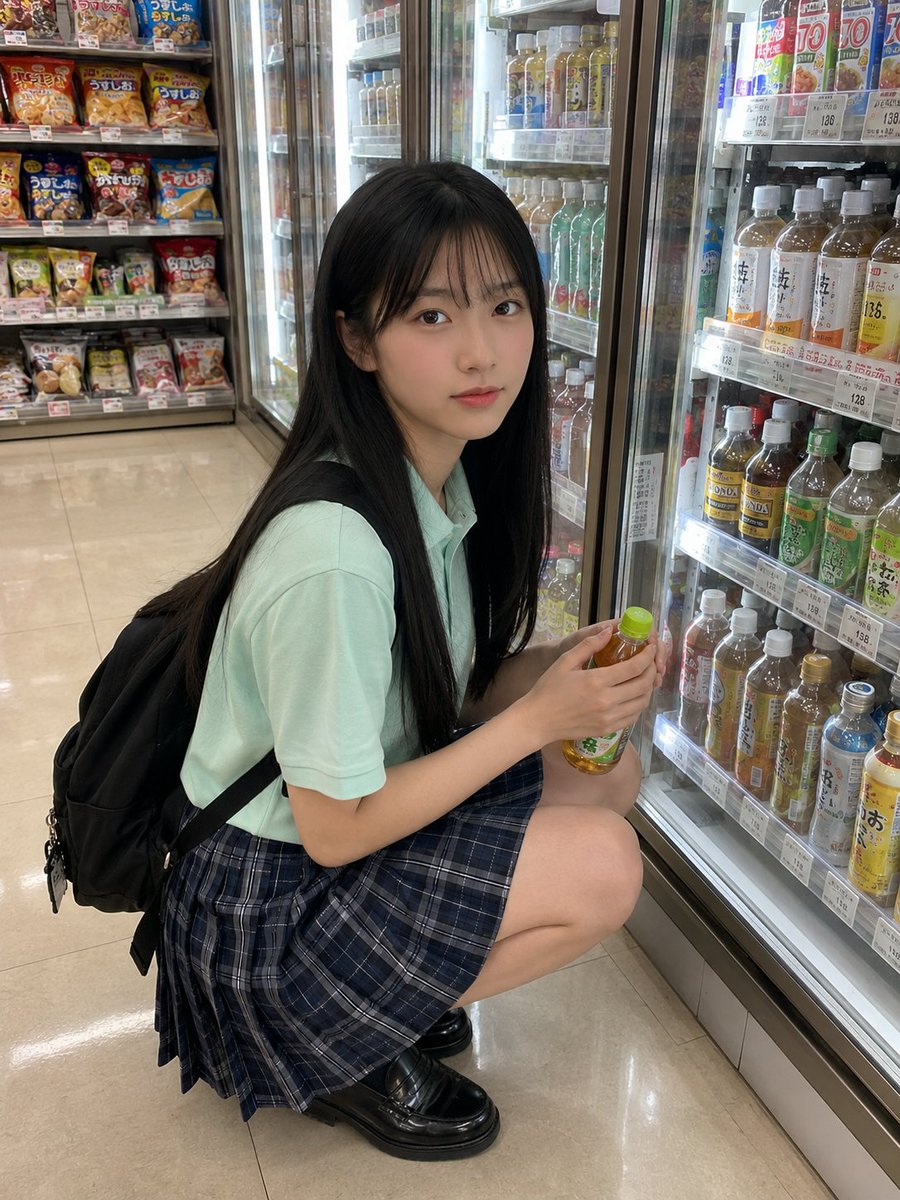 日本女孩，留着长直黑色头发和柔和的稀疏刘海，穿着薄荷绿色 polo 衫和蓝色格纹裙，随意地站在一家便利店装满色彩缤纷饮品的冰箱前。一只手拿着一本翻开的书，姿态放松，神情柔和自然，日常学生气息。...