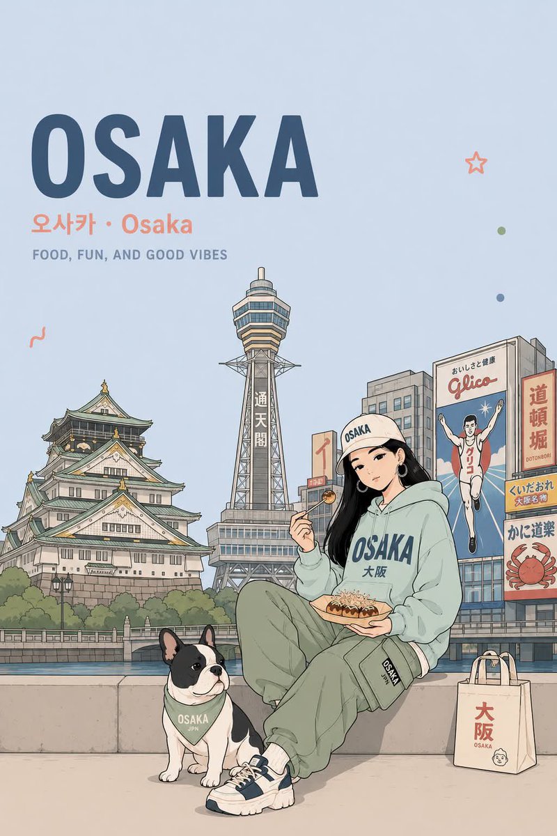 动漫旅行海报插画，采用干净的粉彩美学风格，竖版构图。一位时尚年轻女性，长黑发，穿着印有城市主题的连帽衫、工装裤、运动鞋，戴着棒球帽，与一只可爱的法国斗牛犬相伴，悠闲地坐在或站在前景中。她正在享...