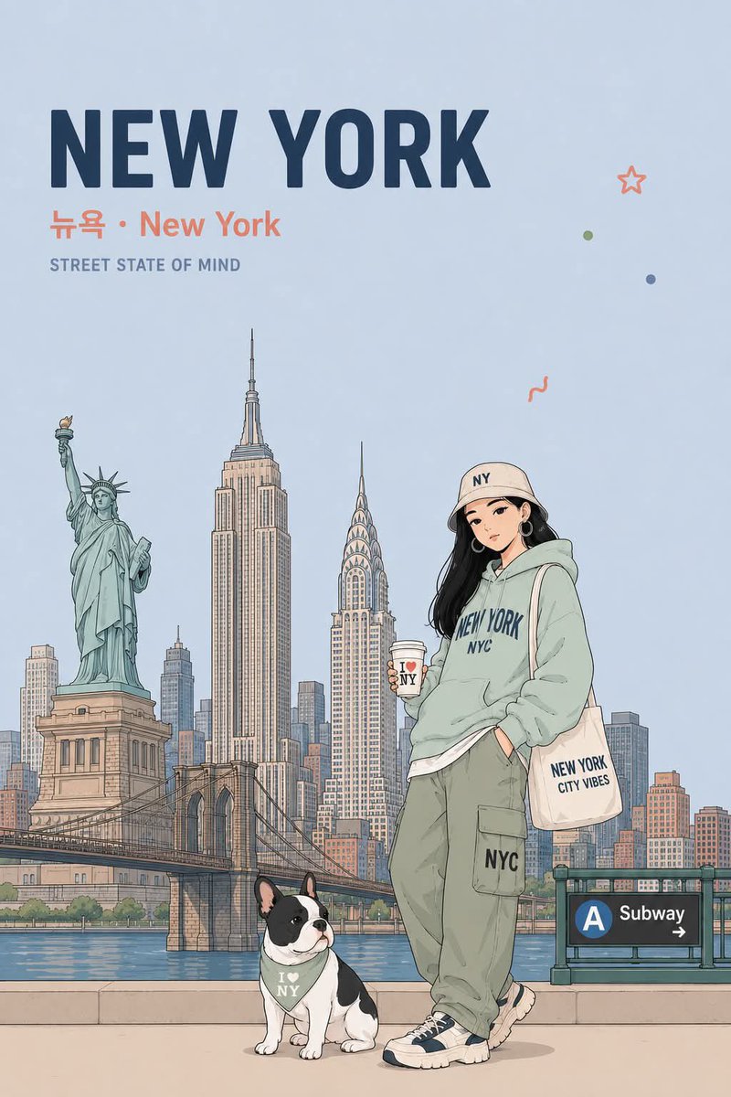 动漫旅行海报插画，采用干净的粉彩美学风格，竖版构图。一位时尚年轻女性，长黑发，穿着印有城市主题的连帽衫、工装裤、运动鞋，戴着棒球帽，与一只可爱的法国斗牛犬相伴，悠闲地坐在或站在前景中。她正在享...
