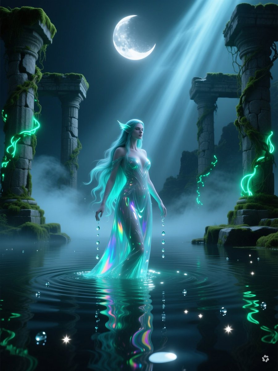 🌊 提示分享：月光湖的水仙女 一位令人惊叹的空灵水仙女优雅地从神秘的月光湖中浮现，周围是被发光生物荧光藤蔓和苔藓覆盖的古老石制废墟。她有长长的、流动的头发，与水无缝融合，半透明闪烁的裙子由液态...