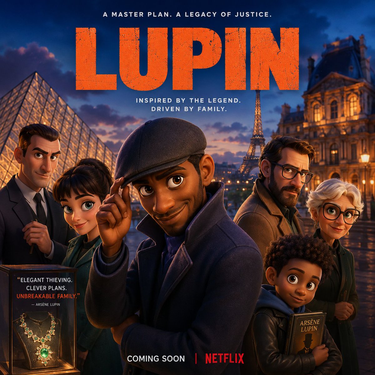 皮克斯风格的电影海报，重新构想电视剧《Lupin》（亚森·罗平/绅士怪盗）。将主要演员塑造成迷人的 3D CGI 漫画风格角色，拥有夸张、富有表现力的特征、大而传神的眼睛，以及温暖光泽的皮克斯...