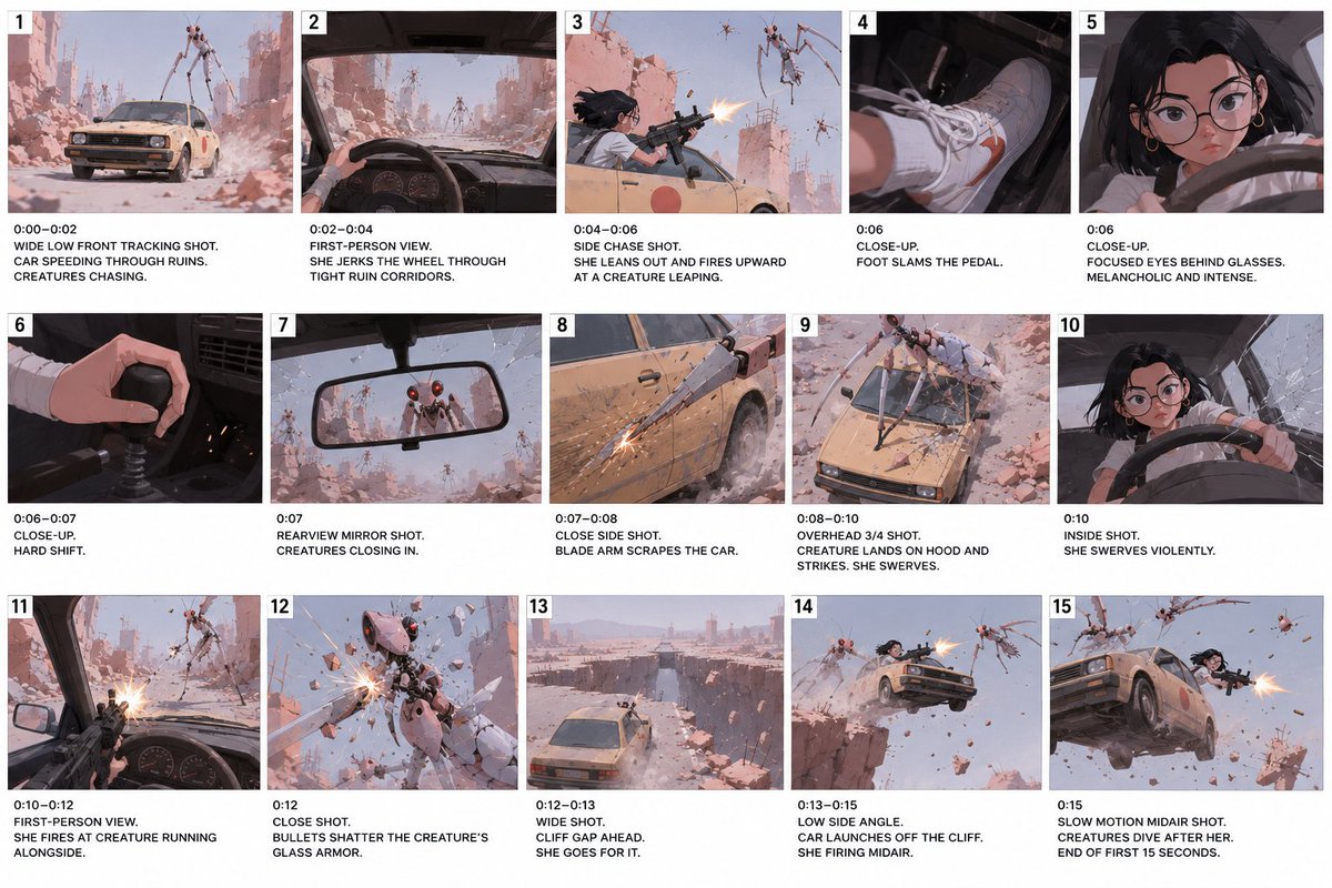 希登斯（Seedance）提示词 1： 使用@图片2作为故事板，不渲染数字、文字或箭头 女孩使用@图片3的主角。 螳螂生物使用@图片1。 风格：柔和粉彩风格化动作动画，动漫启发的半3D插画，干...
