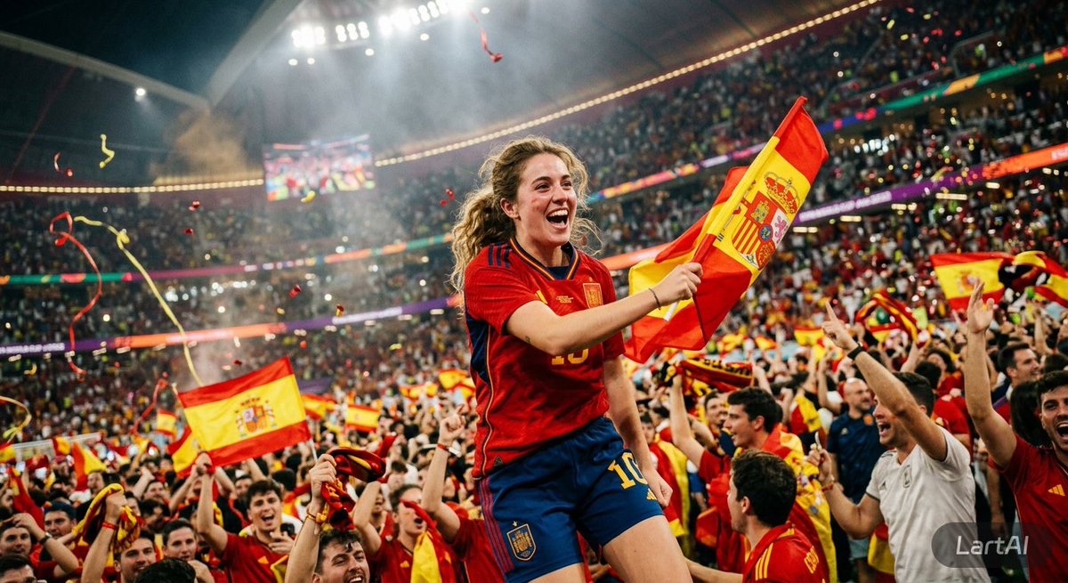 超逼真的2026年国际足联世界杯体育场场景，一名惊艳的年轻女子热情支持西班牙队。她身穿西班牙国家队官方球衣，骄傲地挥舞着一面巨大的西班牙国旗，站在座无虚席的体育场内8万名欢呼的球迷之中。当西班...