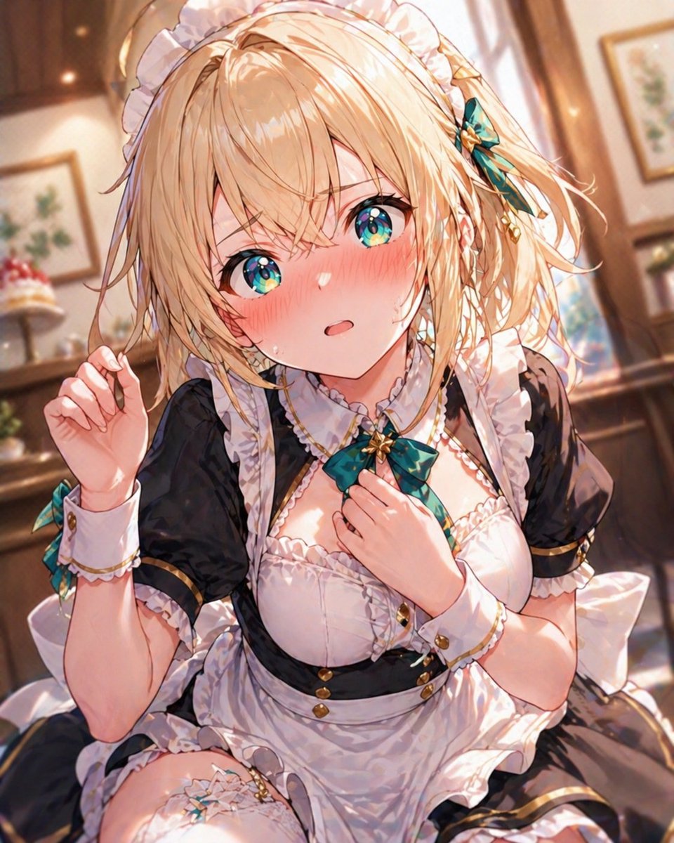 https://t.co/3ZkFjMQLal 一幅精致的动漫风格插画，描绘{argument name="character" default="一位金发女性 VTuber 风格的女仆"}坐...