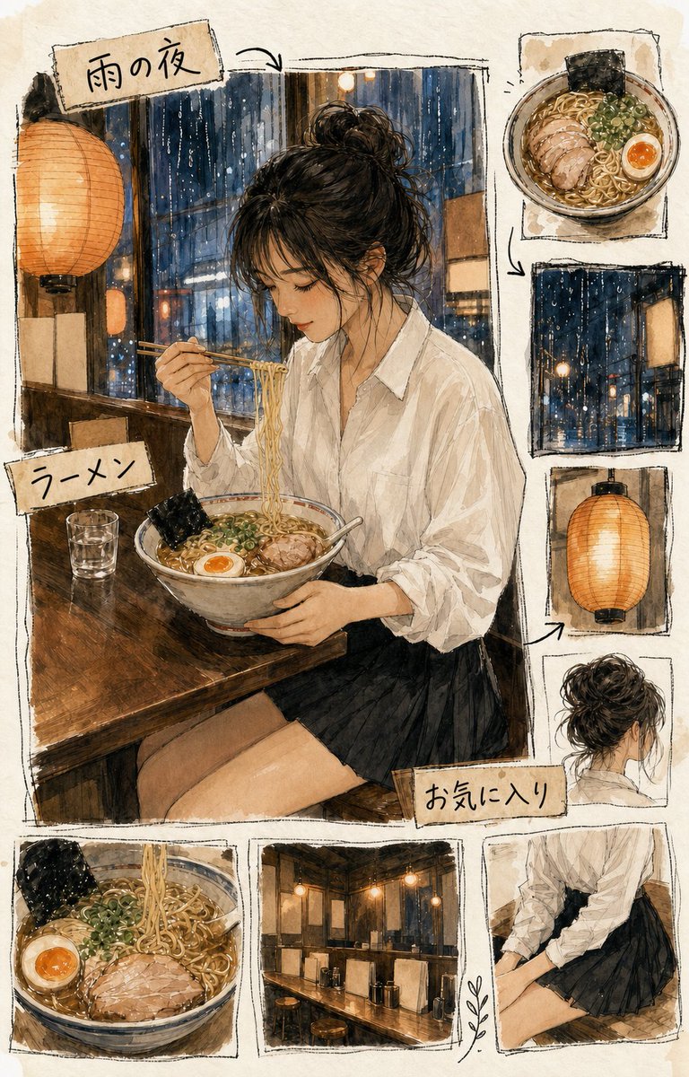 用途：插画故事 素材类型：用于 X 社交帖子的竖版编辑插画 主要请求：创作一幅高度细致的日本生活杂志手绘插画，画中有一位明显是成年人的日本女性，约 25 岁，在一个雨夜的东京温馨拉面咖啡馆里用...