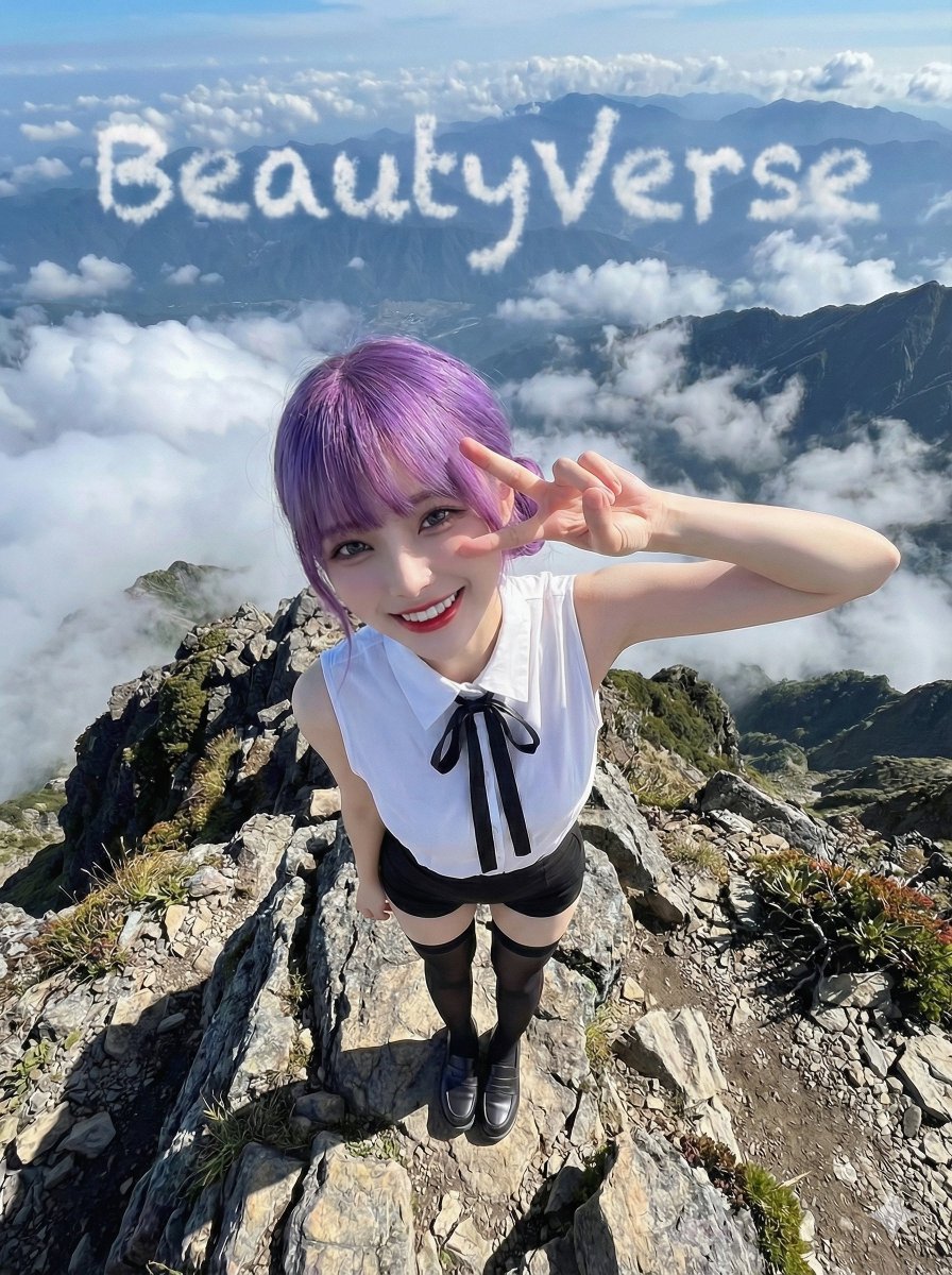 极端高角度鸟瞰视角全身镜头，一位女性自信地站立在崎岖山峰之巅。她抬头望向镜头，目光明亮亲切，笑容愉快俏皮。她的右手举至眼部附近，做出清晰的和平手势（V 字手势 / YA 手势），手指形态清晰可...