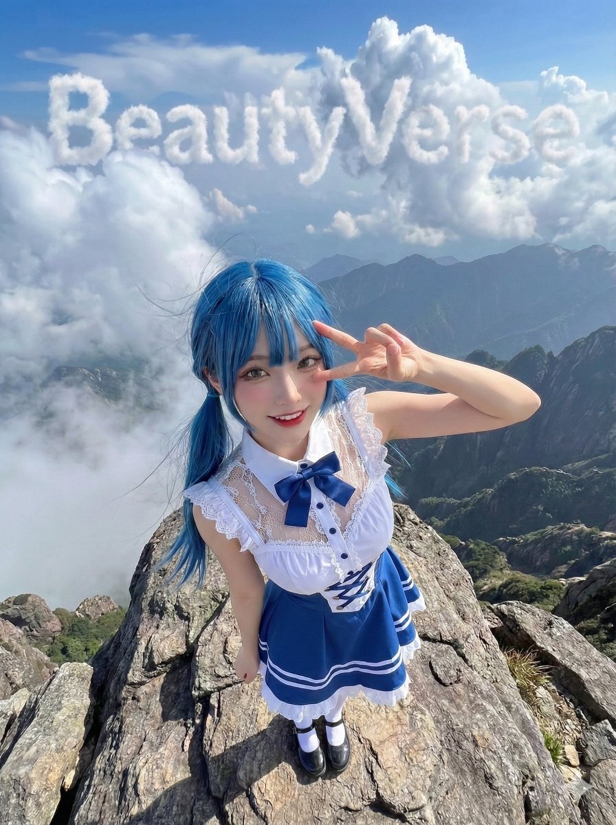 极端高角度鸟瞰视角全身镜头，一位女性自信地站立在崎岖山峰之巅。她抬头望向镜头，目光明亮亲切，笑容愉快俏皮。她的右手举至眼部附近，做出清晰的和平手势（V 字手势 / YA 手势），手指形态清晰可...