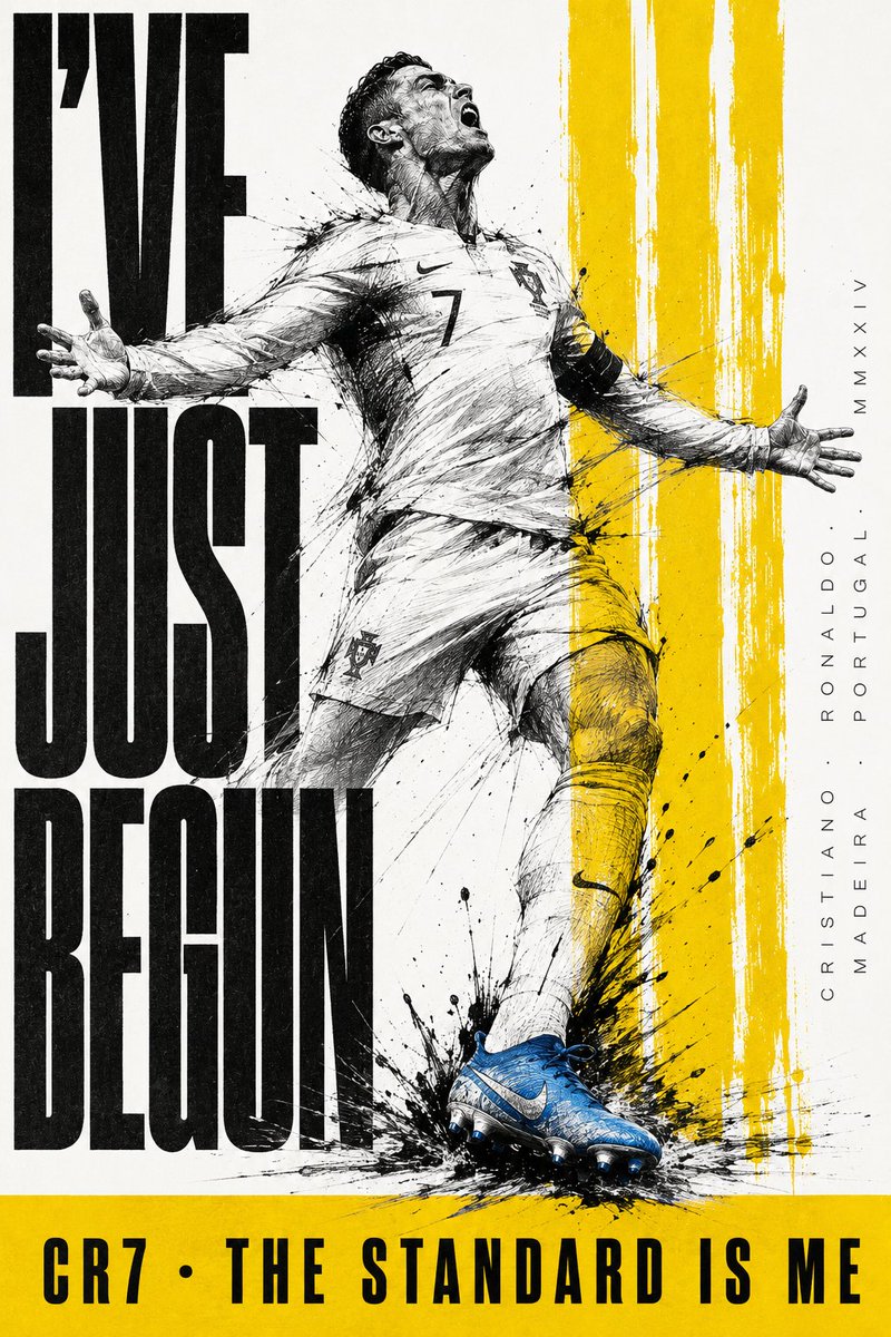 Cristiano Ronaldo 体育海报， 灵感来源于日本水墨画（sumi-e） 与当代体育摄影的碰撞， 背景——纯净白色 Pantone 11-0601—— 不是米白 不是奶油色—— 一...