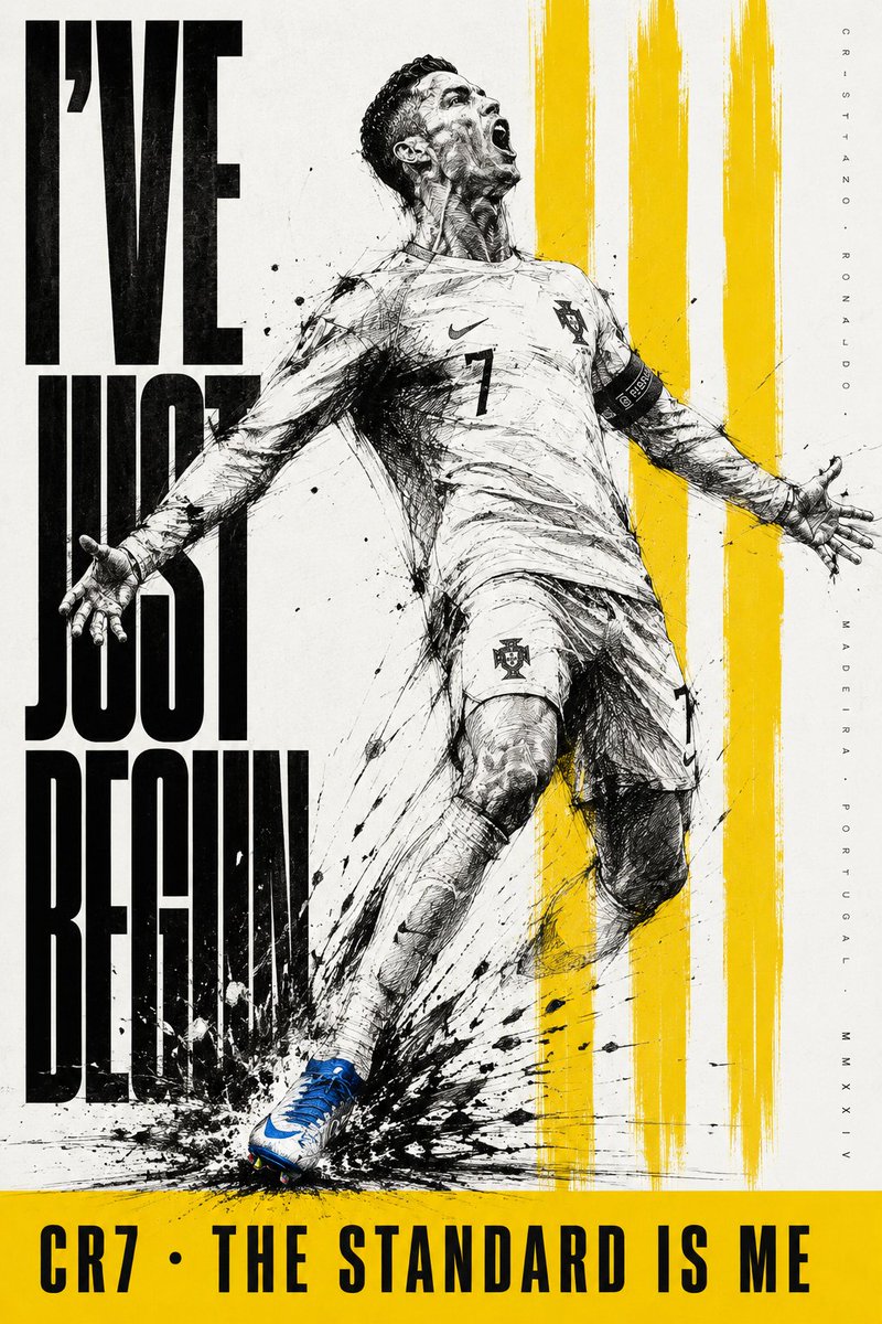 Cristiano Ronaldo 体育海报， 灵感来源于日本水墨画（sumi-e） 与当代体育摄影的碰撞， 背景——纯净白色 Pantone 11-0601—— 不是米白 不是奶油色—— 一...