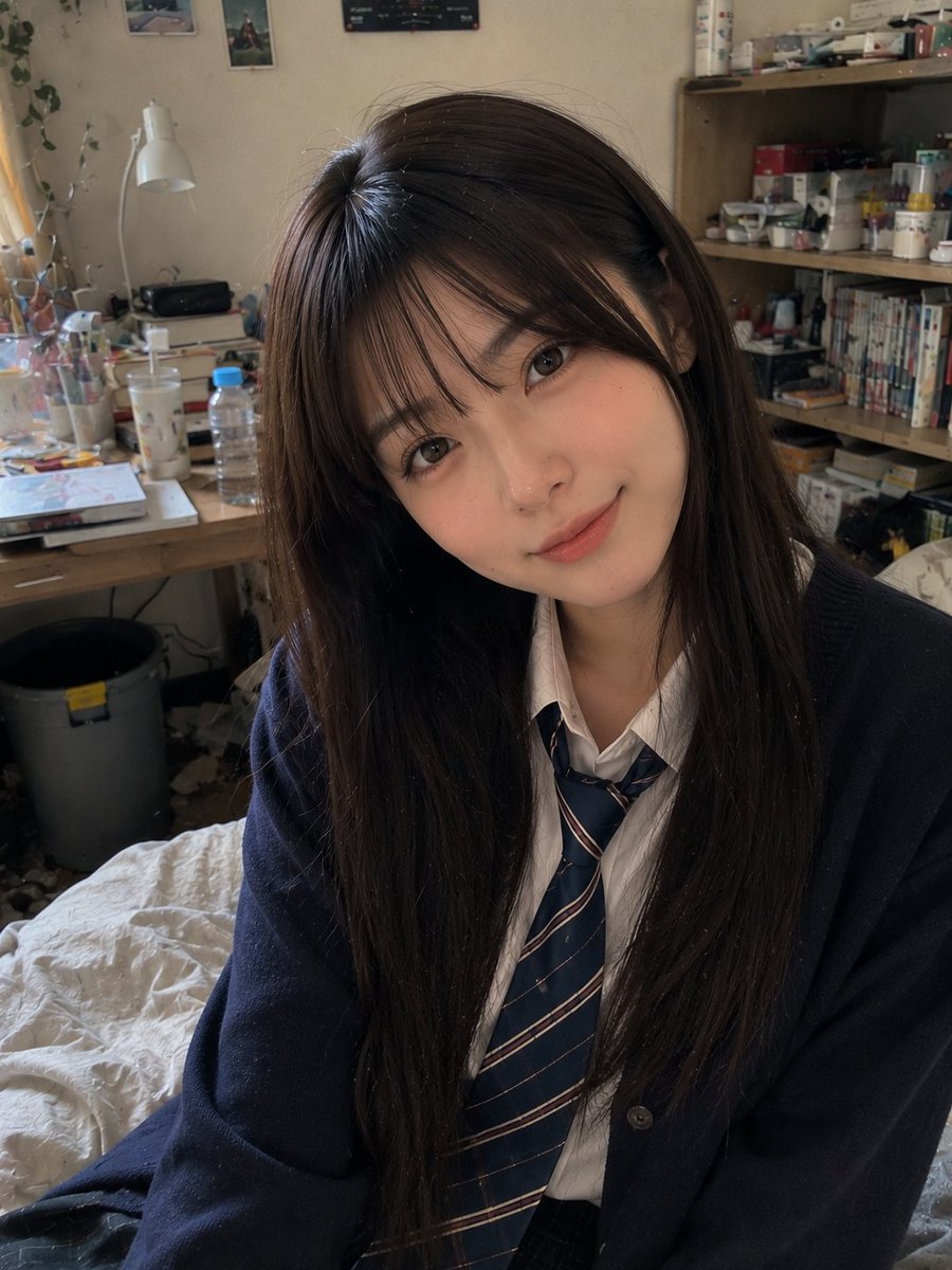 美丽的年轻日本女性（22岁），留着长直深棕色头发和柔软的碎刘海，身穿海军蓝开衫、白色纽扣衬衫、条纹领带和深色格纹短裙，随意坐在一居公寓卧室里整理干净的床沿。柔和自然的微笑，放松的姿态，双手放在...
