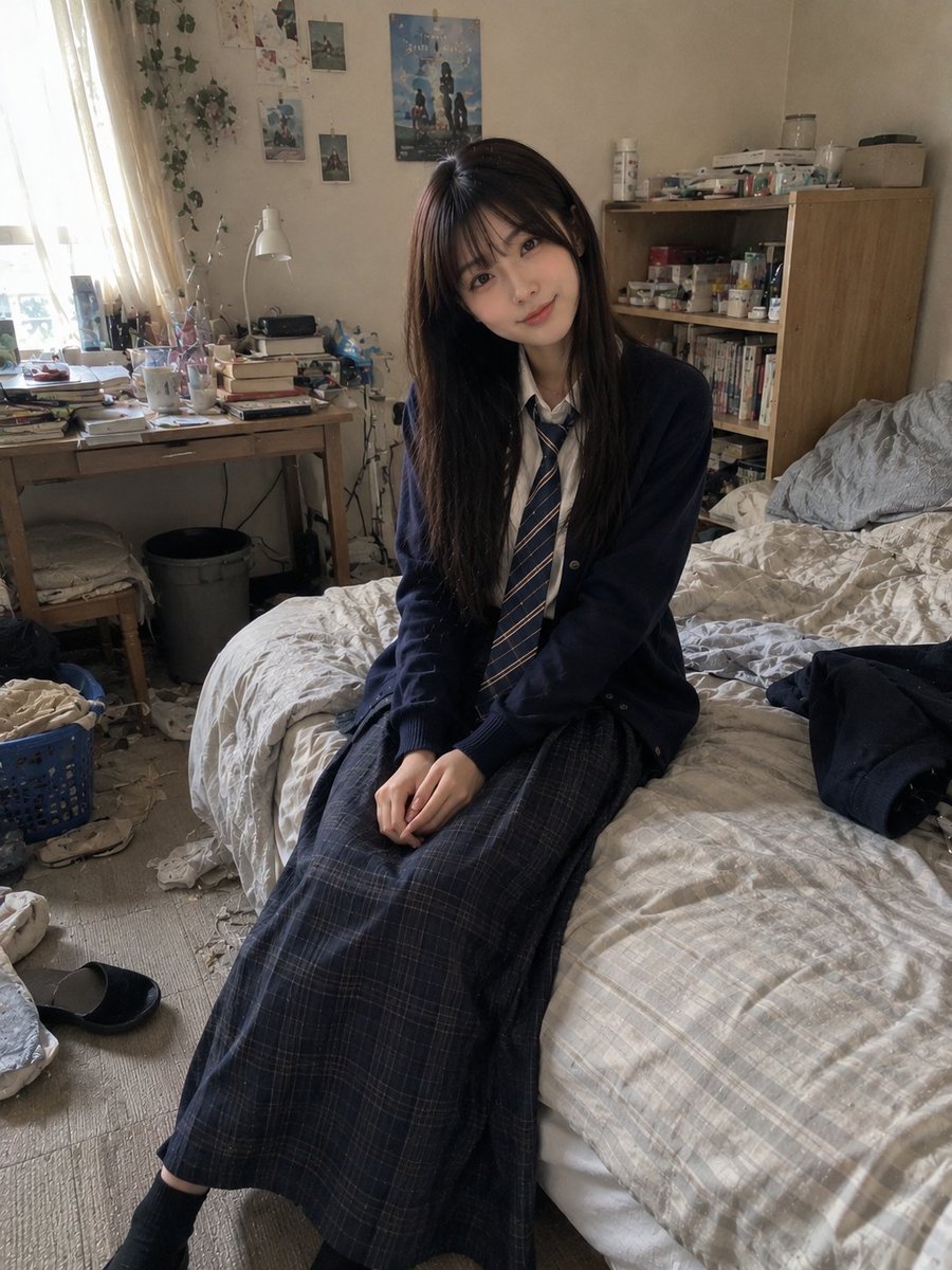 美丽的年轻日本女性（22岁），留着长直深棕色头发和柔软的碎刘海，身穿海军蓝开衫、白色纽扣衬衫、条纹领带和深色格纹短裙，随意坐在一居公寓卧室里整理干净的床沿。柔和自然的微笑，放松的姿态，双手放在...