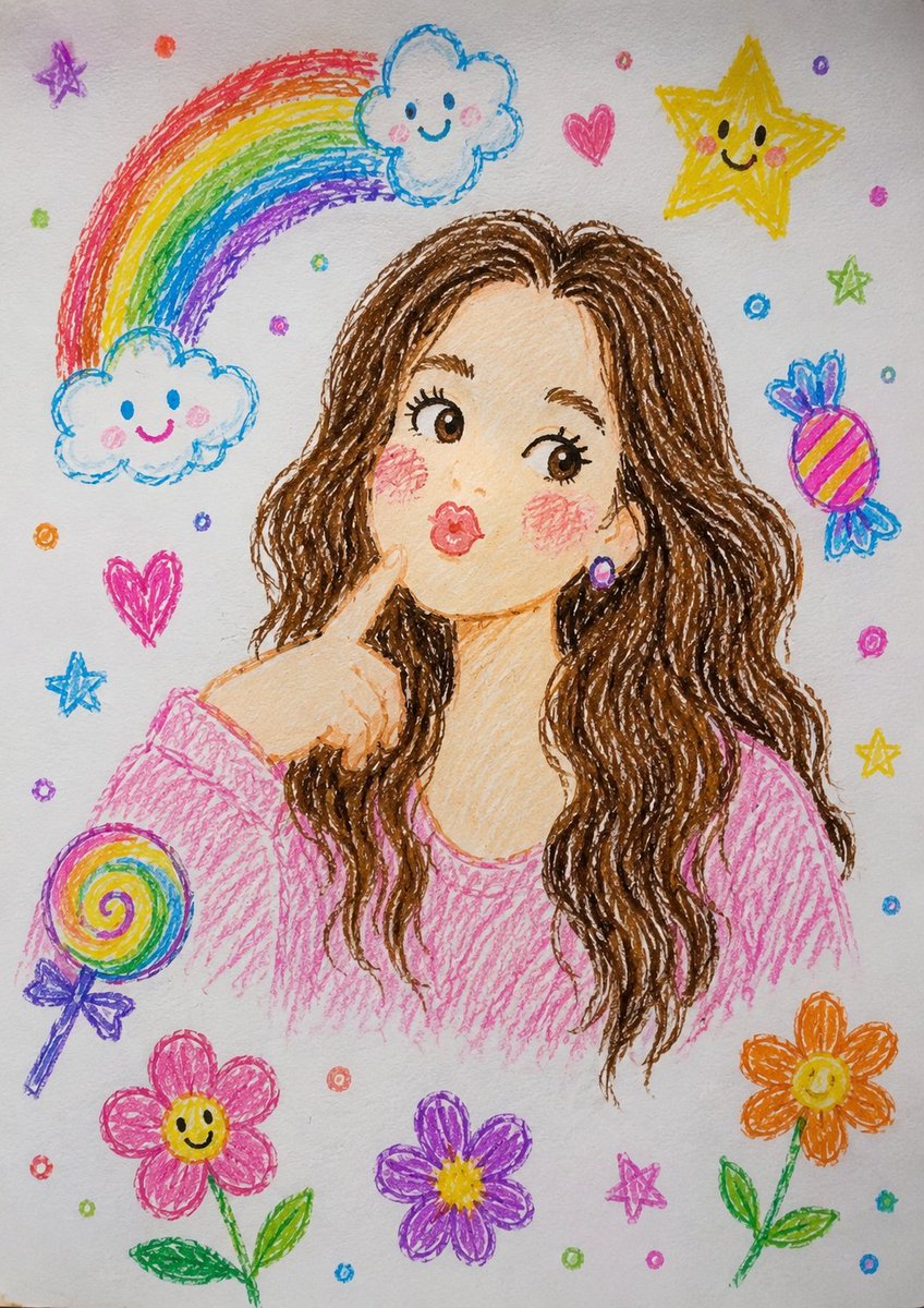 将这幅蜡笔画风格的插画转换为高度逼真的专业摄影作品。保持相同的姿势、面部表情、手势和构图。将画中角色转换为一个真实的年轻女性，具备自然的皮肤质感、真实的眼睛、细腻的发丝和真实的面部特征。将涂鸦...