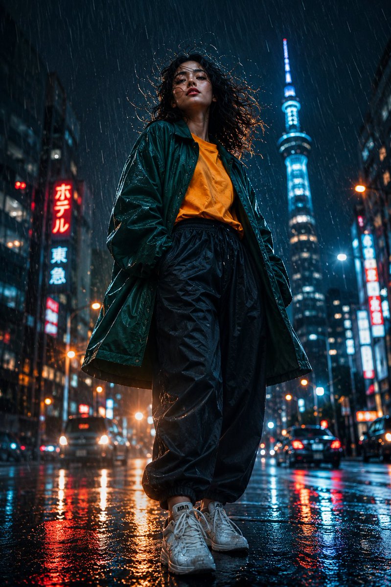 她走过混乱，仿佛这座城市归她所有。 GPT image 2 on @SocialSight 提示词 - 超写实电影感时尚肖像，全身低角度街头摄影：一位自信的年轻女子在黄金时段走过雨后的城市街道...