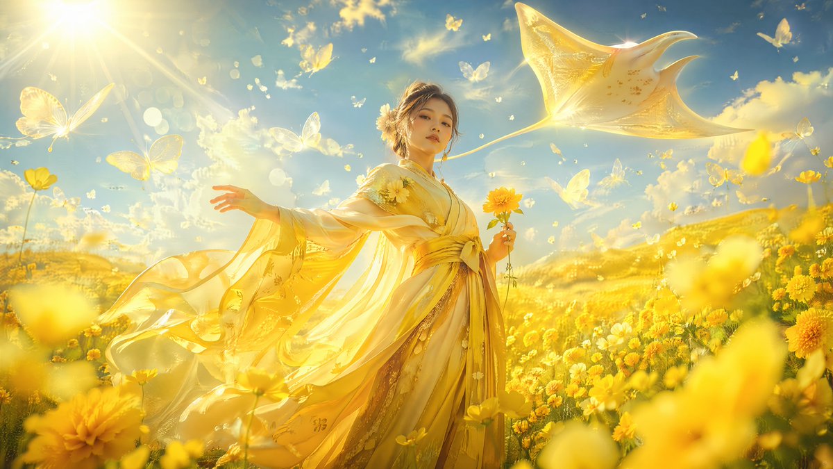 一张以极低角度仰拍的专业摄影作品，以[PRIMARY COLOR]色调的超现实美学风格重新呈现。画面主体是一位女性，以[POSE DESCRIPTION – 例如：柔和的半转身 / 悬浮微倾...