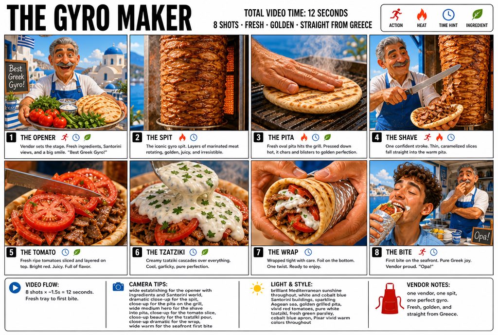 “为“THE GYRO MAKER（希腊烤肉卷大师）”制作一张清晰、简洁的信息图式分镜海报。宽幅 16:9 布局，白色背景，黑色边框，粗体黑色字体，高级 Pixar 3D 风格化渲染，明亮鲜艳...