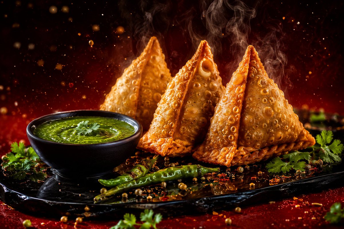 - 超标志性奢华 SAMOSA 杰作 —— 三只手工精制的金棕色 samosa（咖喱角）巍然挺立在一面镜面抛光的黑曜石托盘之上，作为精英全球美食广告活动的璀璨主角呈现。每一处微观酥皮层都展现出...
