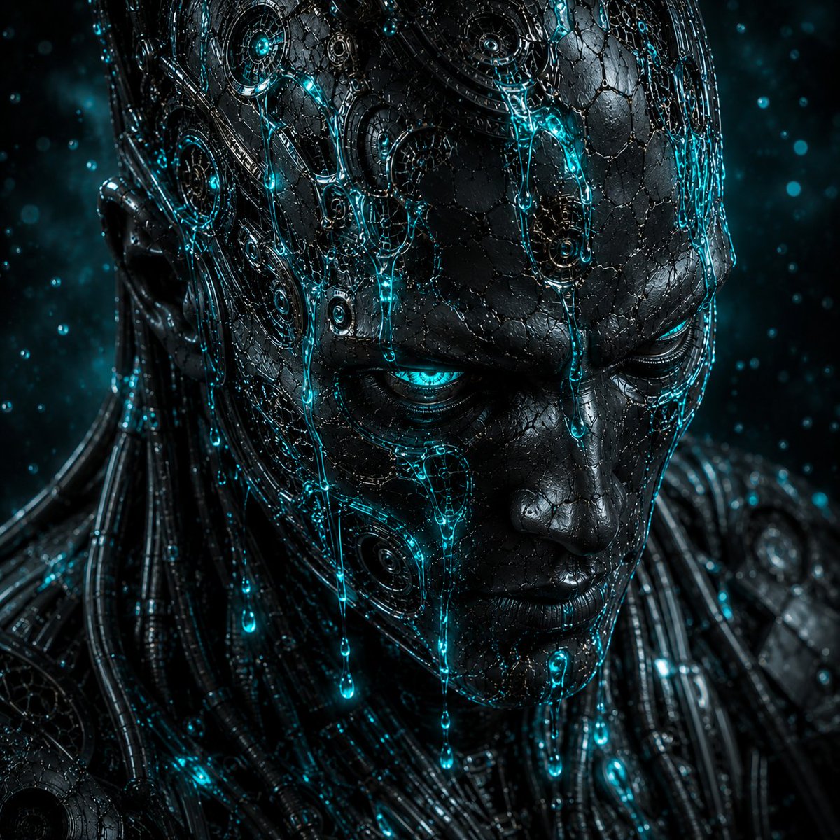 📝 一张关于 {CHARACTER} 的超写实电影级赛博格肖像。 该角色是先进生物机械工程与合成意识的融合体。碎裂的合成皮肤与深色金属面部面板之下，暴露出精密的机械结构、黑色钛合金结构件、碳纤...