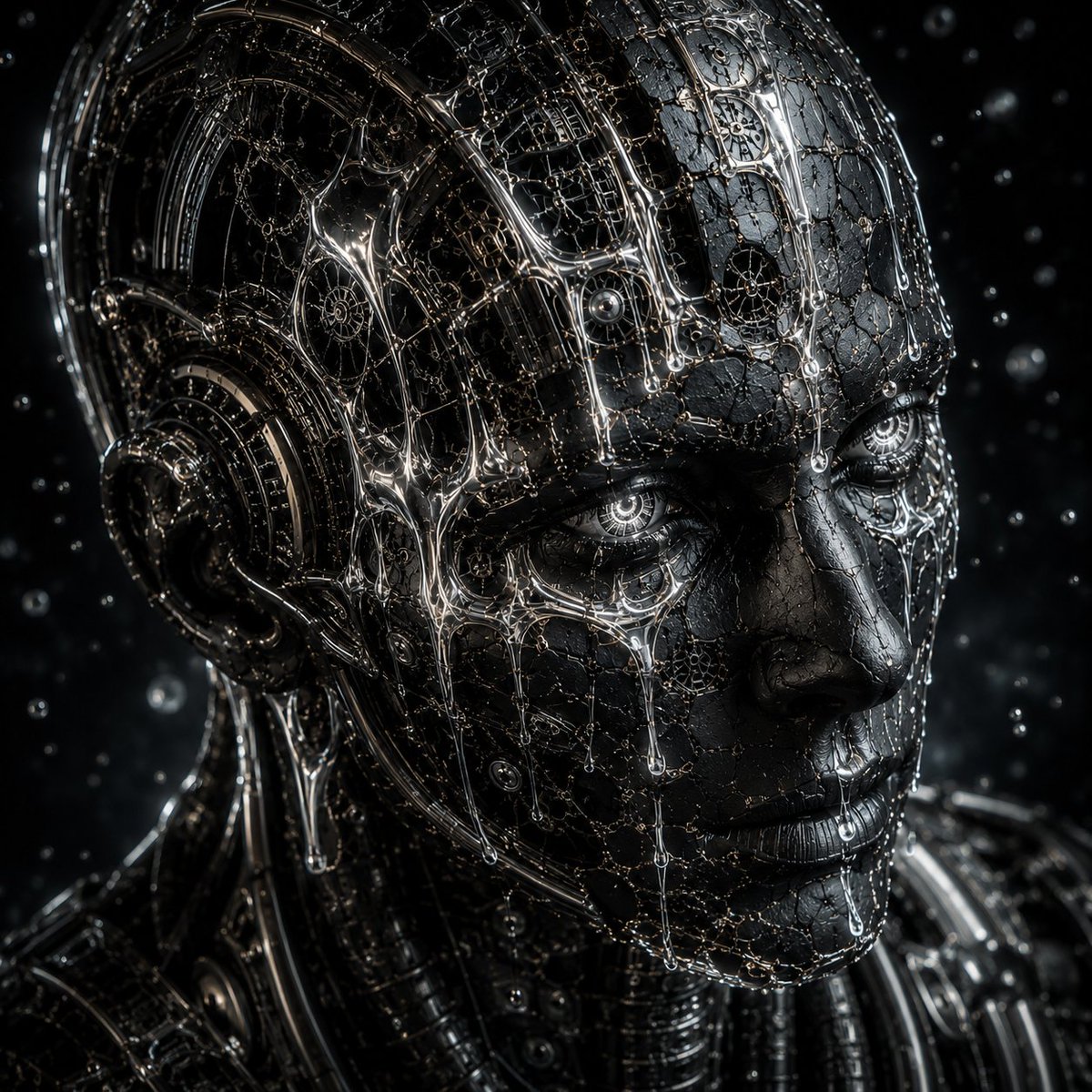 📝 一张关于 {CHARACTER} 的超写实电影级赛博格肖像。 该角色是先进生物机械工程与合成意识的融合体。碎裂的合成皮肤与深色金属面部面板之下，暴露出精密的机械结构、黑色钛合金结构件、碳纤...