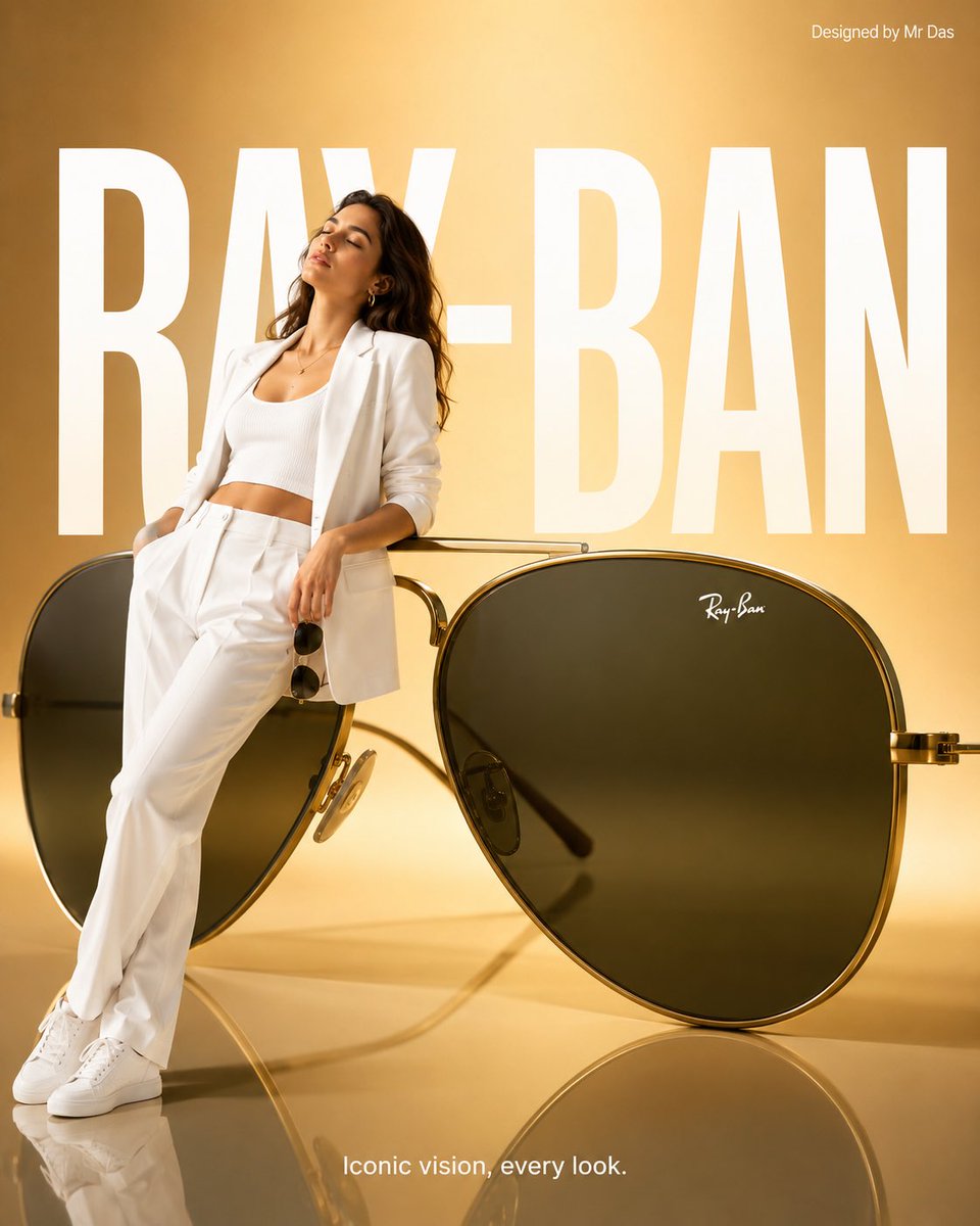 极简风格的商业广告，主打超大号 Ray-Ban 飞行员太阳镜，整体设计极致简洁。一位身穿全白色造型的年轻女子随意倚靠在巨大的太阳镜上，姿态放松而自信，双眼微闭，手中还拿着一副常规尺寸的同款太阳...