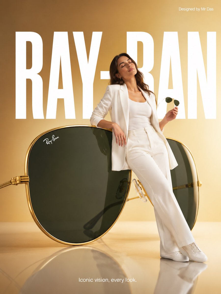 极简风格的商业广告，主打超大号 Ray-Ban 飞行员太阳镜，整体设计极致简洁。一位身穿全白色造型的年轻女子随意倚靠在巨大的太阳镜上，姿态放松而自信，双眼微闭，手中还拿着一副常规尺寸的同款太阳...