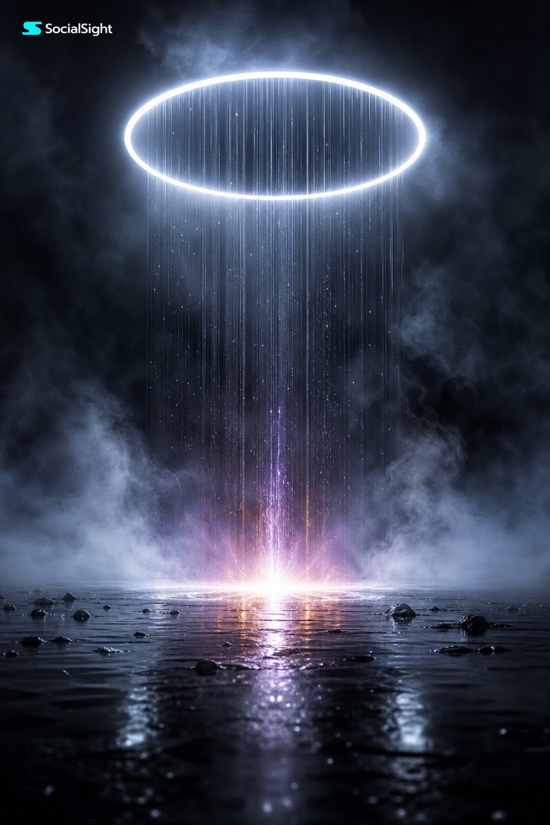 核心概念：一个超现实的科幻 / 神性能量场景，一个发光的圆形传送门或光环在黑暗的反射表面上方打开，向下射出一道垂直的光、雨或能量流，撞击到一个明亮的冲击点上。 主要视觉元素： 1. 发光圆环...