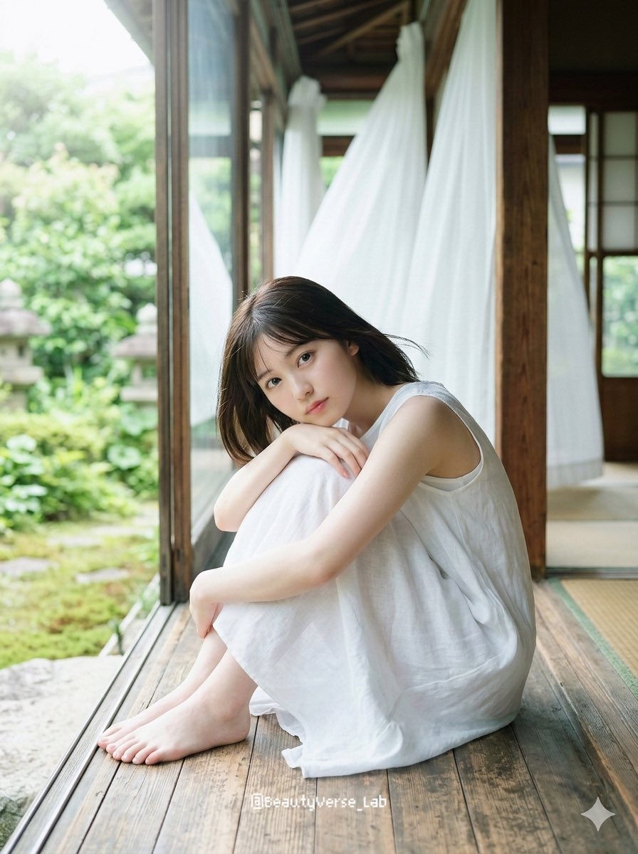 日本少女偶像，十八九岁至二十出头，坐在传统木质缘侧上，双膝抱至胸前，下巴轻搁膝上，双足裸露。面容纯净无瑕，皮肤透白如玻璃般莹润，泛着淡淡的自然光泽。极淡近乎素颜的妆容，仅有柔和的粉嫩腮红与光泽...