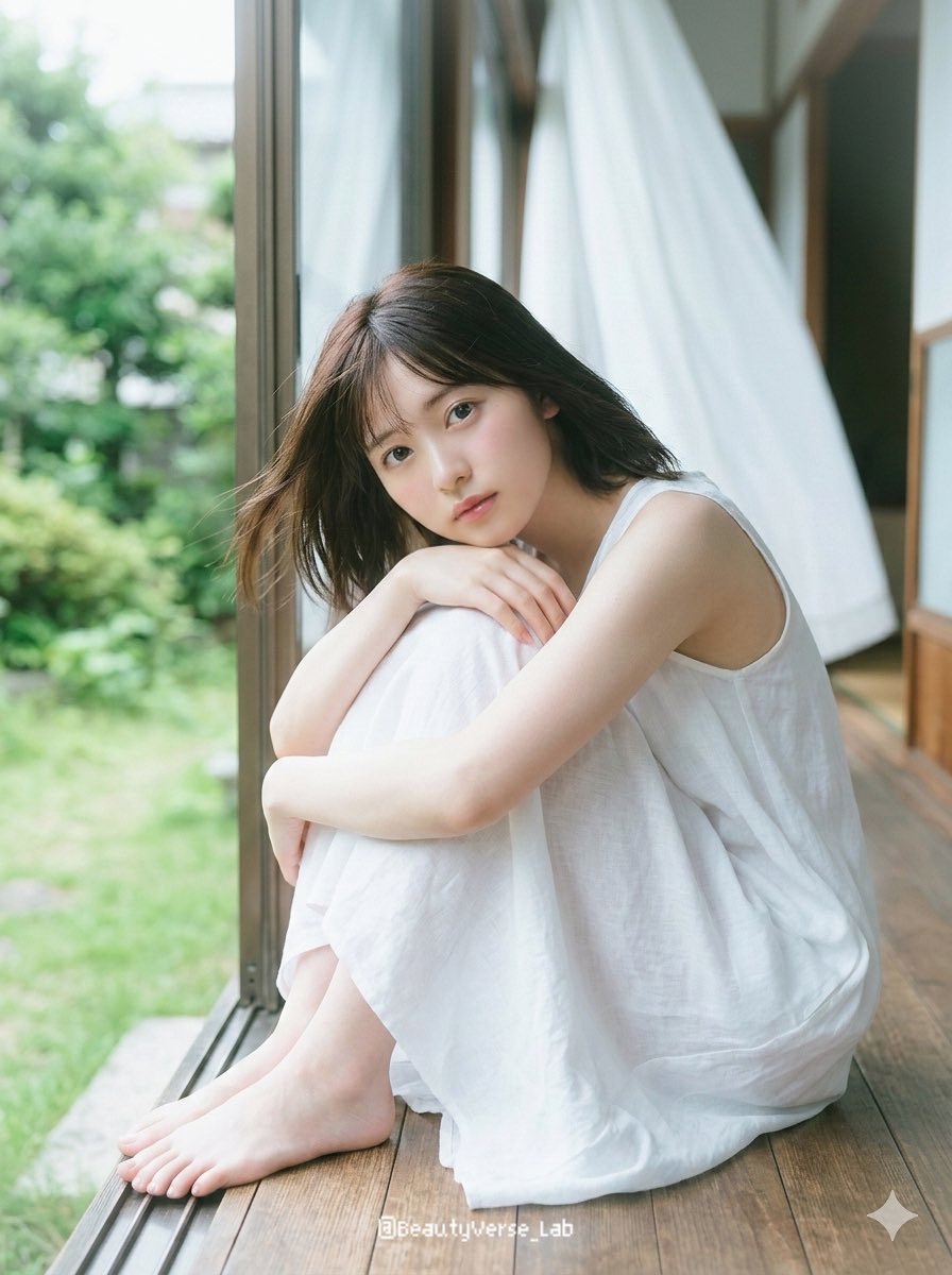 日本少女偶像，十八九岁至二十出头，坐在传统木质缘侧上，双膝抱至胸前，下巴轻搁膝上，双足裸露。面容纯净无瑕，皮肤透白如玻璃般莹润，泛着淡淡的自然光泽。极淡近乎素颜的妆容，仅有柔和的粉嫩腮红与光泽...