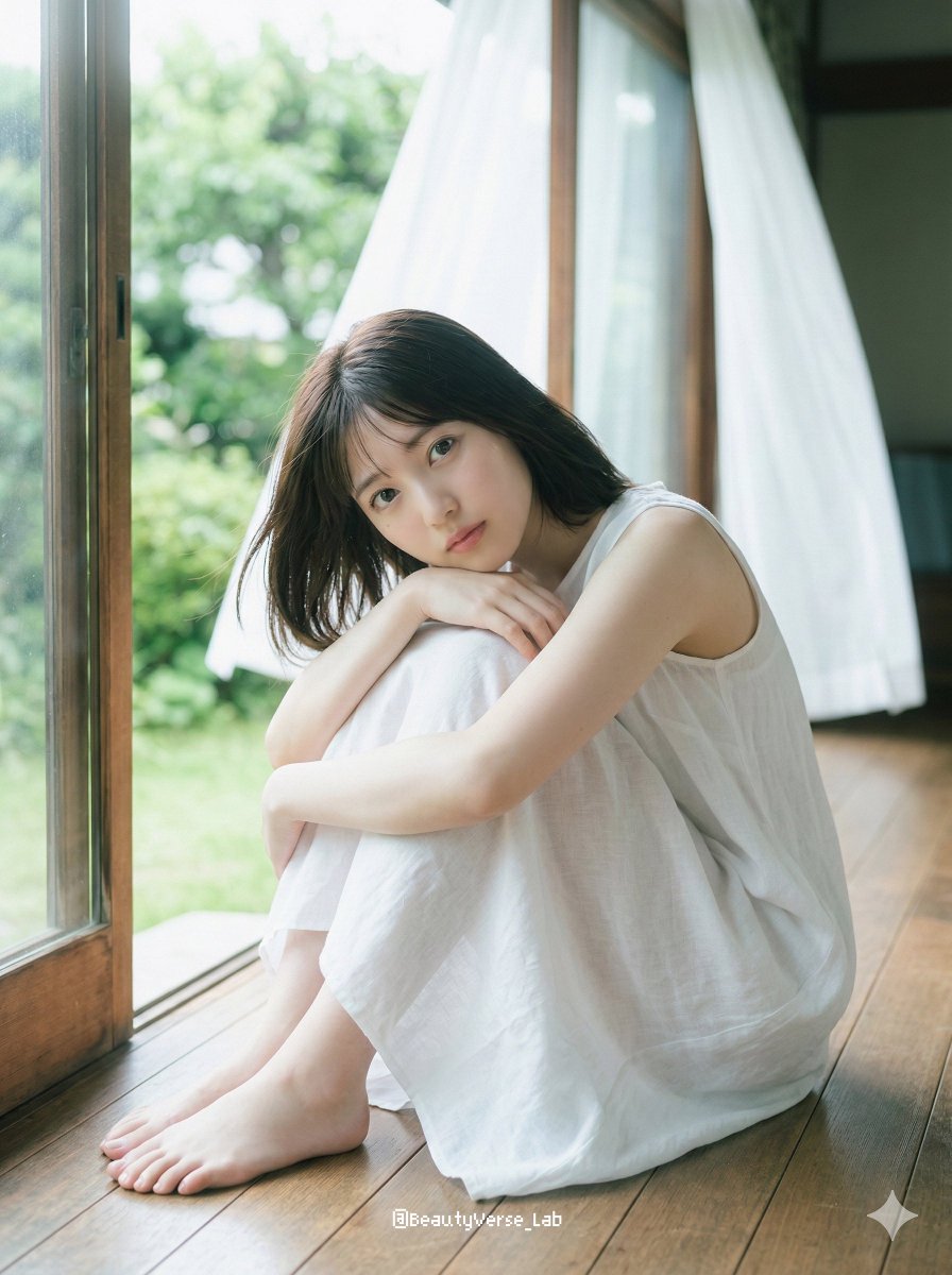 日本少女偶像，十八九岁至二十出头，坐在传统木质缘侧上，双膝抱至胸前，下巴轻搁膝上，双足裸露。面容纯净无瑕，皮肤透白如玻璃般莹润，泛着淡淡的自然光泽。极淡近乎素颜的妆容，仅有柔和的粉嫩腮红与光泽...