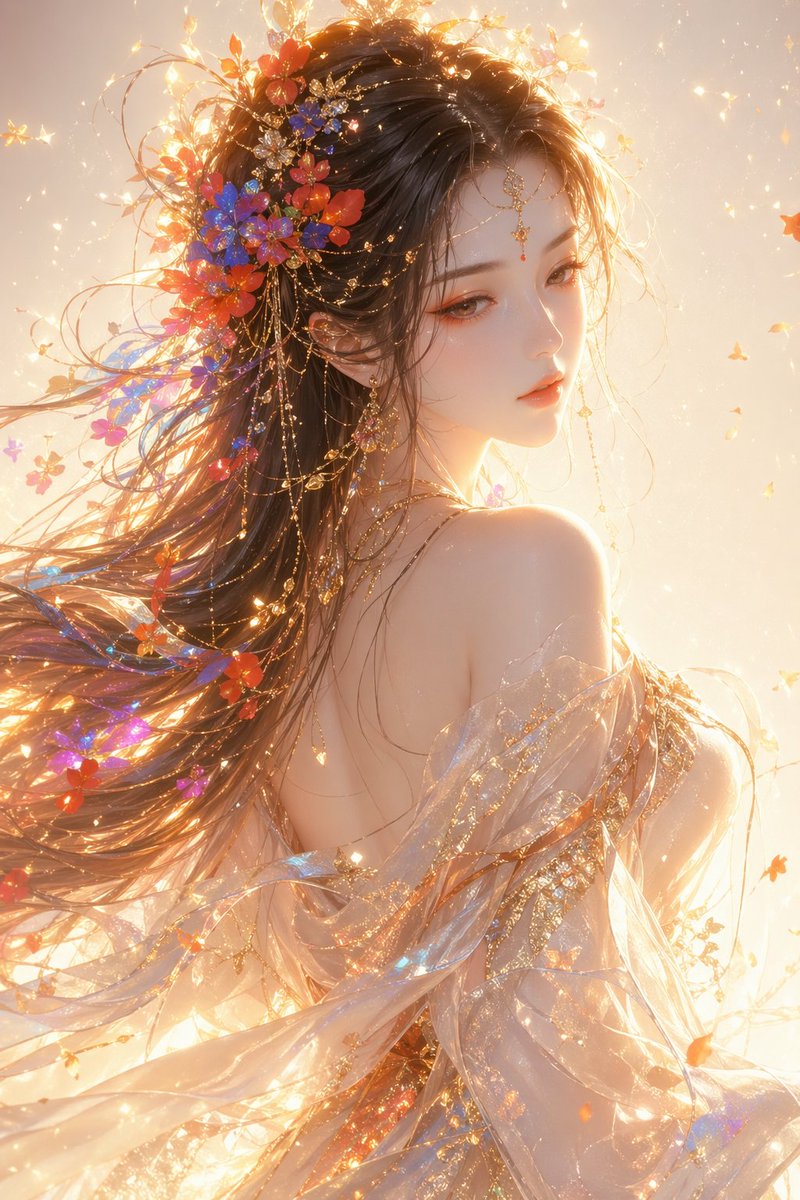 东方奇幻美学，女性半身肖像，回眸凝视，飘逸优雅的气质，柔和的神圣魅力，精致的面部特征，柔和低垂的目光，瓷白细腻的肌肤质感，淡淡的桃粉红晕并带有金色高光。 秀发倾泻流动，交织着色彩缤纷的花朵与红...