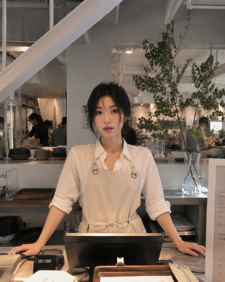 超写实电影级生活方式摄影：一位美丽的年轻女性在一家时尚现代咖啡馆担任餐厅员工。从柜台后方捕捉的动感侧面角度，她正向前伸手为顾客服务，自然的工作瞬间，神情专注，优雅的凌乱发髻造型，白色宽松衬衫卷...