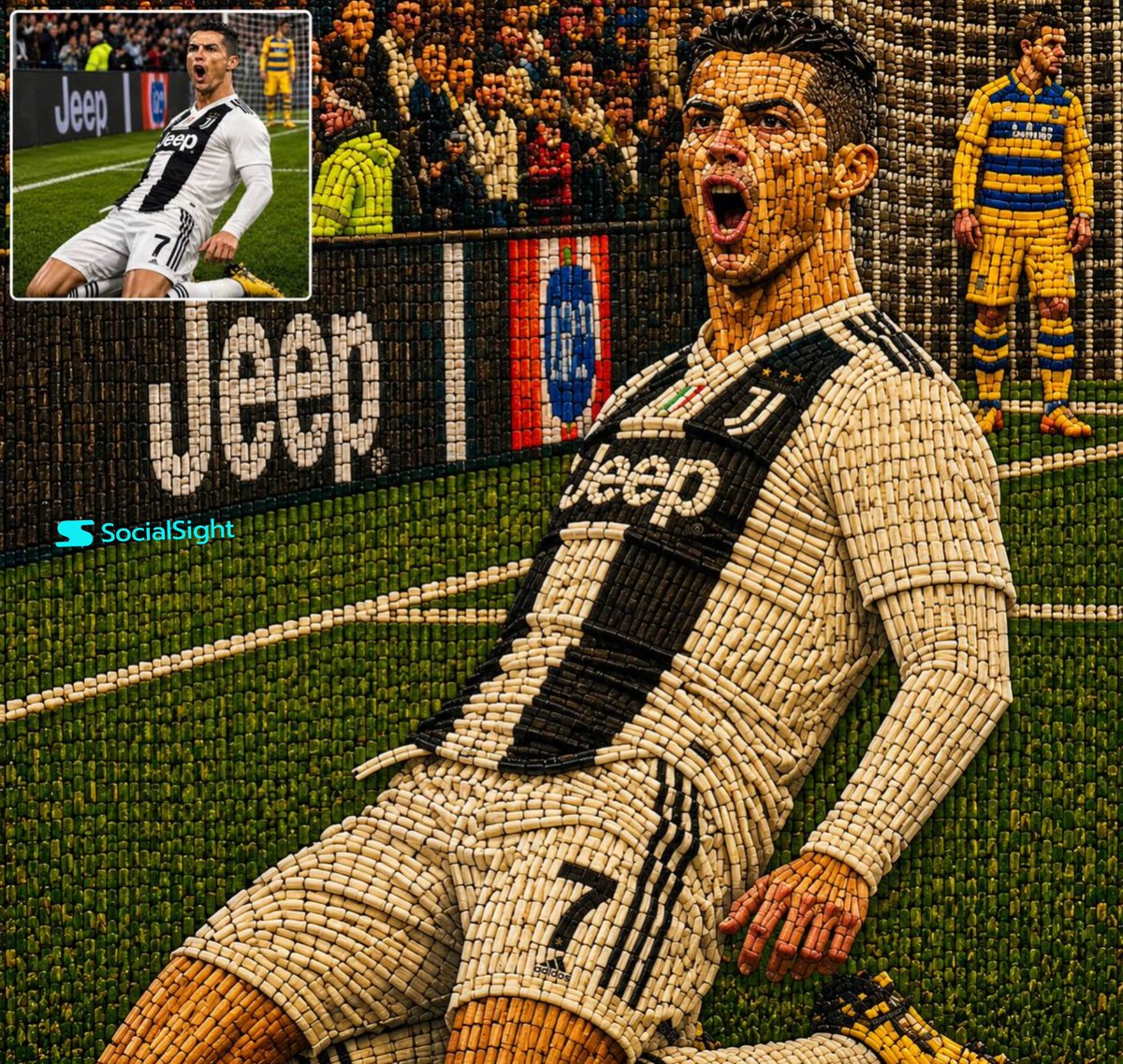 超精细 FIFA 世界杯葡萄牙足球传奇木质雕塑，灵感来自标志性的葡萄牙 7 号超级巨星，完全由数千根微型木棍、火柴、木块和手工马赛克碎片制作而成。每块肌肉、面部特征、球衣褶皱和足球鞋都由分层木...