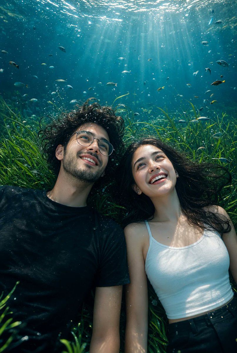 超写实 IMAX 级 Netflix 风格水下奇幻浪漫人像,9:16 竖版构图,一对快乐的年轻情侣并肩躺在郁郁葱葱的水下草地上,草地覆盖着鲜艳的翡翠绿色海草,周围环绕着小小的热带鱼、漂浮的气泡...