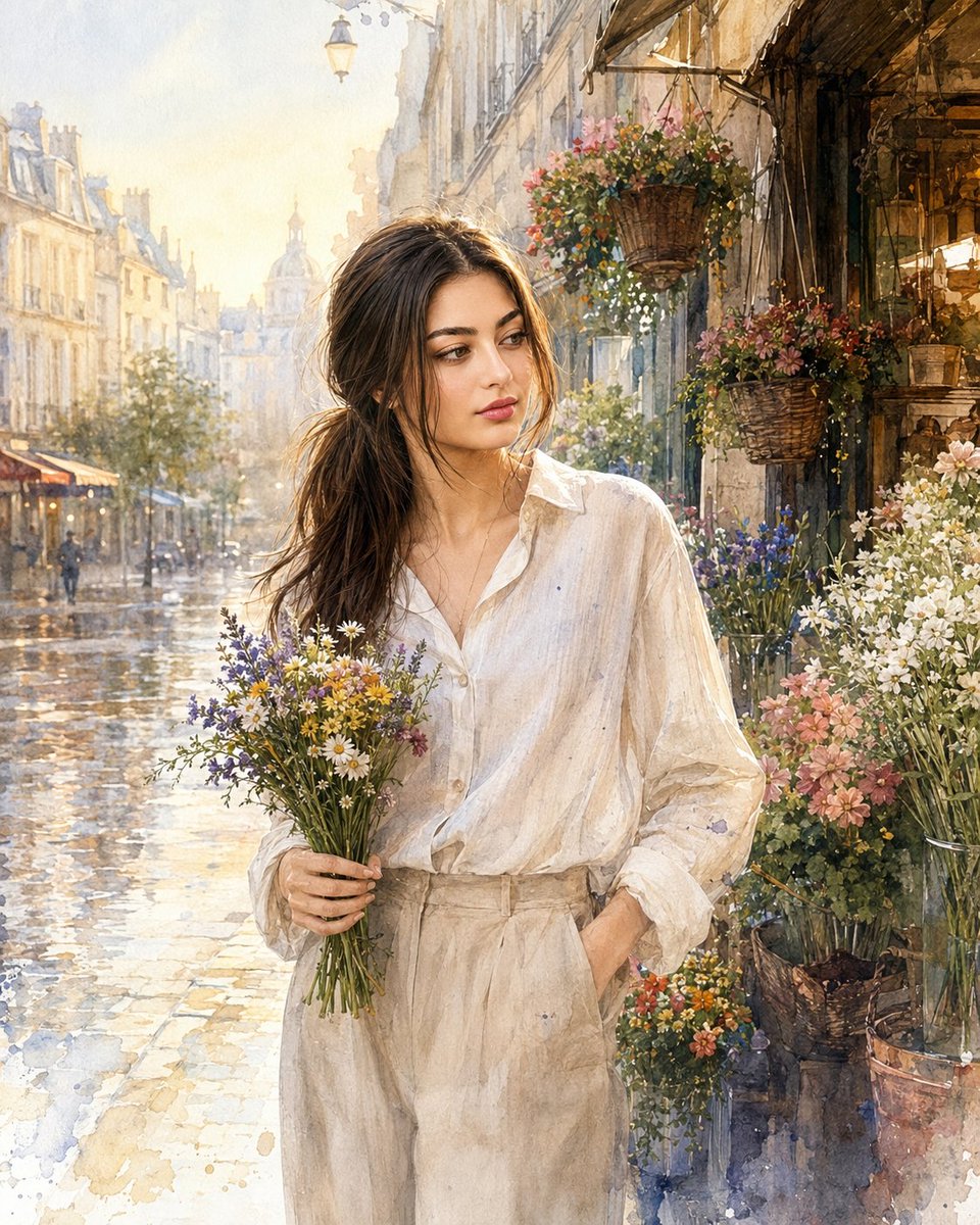 ( GPT image 2) 超写实 IMAX 级 Netflix 风格水彩时尚插画，4:5 竖向构图，一位惊艳的年轻女子在黎明时分伫立于雨后浸湿的欧式花街旁，无瑕光滑的乳白色肌肤带有真实自然...