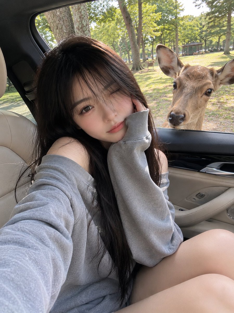 一位年轻的日本女孩，留着柔顺的黑色长发和柔和的碎刘海，随意地坐在一辆米色真皮内饰的豪华汽车前排副驾驶座上，身穿一件宽松的灰色露肩运动衫。自然的柔和微笑，一只手比着剪刀手（胜利手势），涂着长长的...