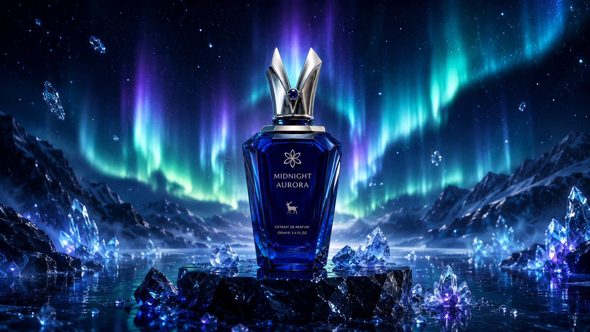 以竖版构图创建一个超高端奢华的产品摄影场景，主推一款名为“MIDNIGHT AURORA”的虚构小众香水。 香水瓶采用简洁的几何轮廓，由深邃的蓝宝石色水晶玻璃打造，配以拉丝铂金装饰和一个雕塑感...