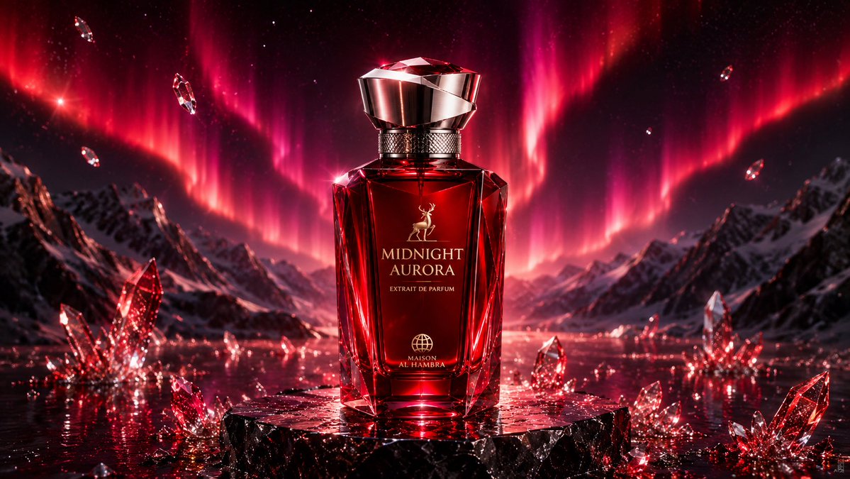 以竖版构图创建一个超高端奢华的产品摄影场景，主推一款名为“MIDNIGHT AURORA”的虚构小众香水。 香水瓶采用简洁的几何轮廓，由深邃的蓝宝石色水晶玻璃打造，配以拉丝铂金装饰和一个雕塑感...