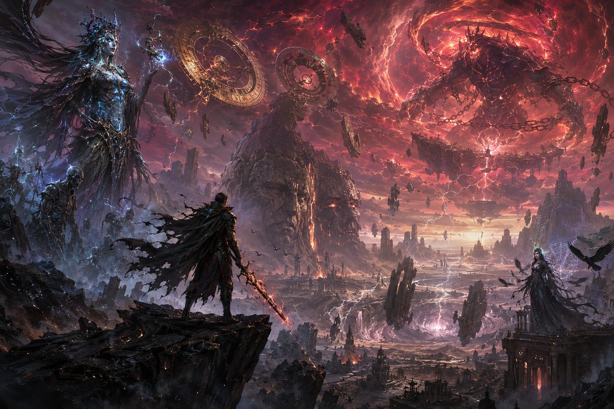 一段提示词分享。 奇幻艺术提示词 —— "喂养诸神" 史诗级黑暗奇幻艺术作品，电影级写实风格，超高细节，神话恐怖奇幻氛围，巨型尺度，戏剧性光效，古老诸神在濒死世界之下苏醒。 一位孤独的漫游者站...
