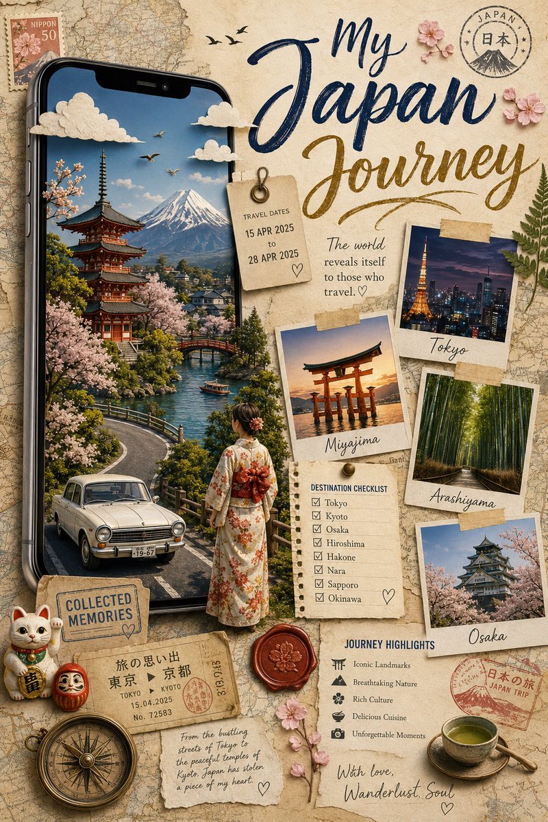 创建一个高级旅行剪贴簿海报，采用纵向 4:5 比例，优雅的 Pinterest 风格旅行回忆拼贴画。一部巨大的逼真智能手机立在左侧，其屏幕上浮现出一个令人惊叹的 3D 剪纸立体场景。场景内部：...