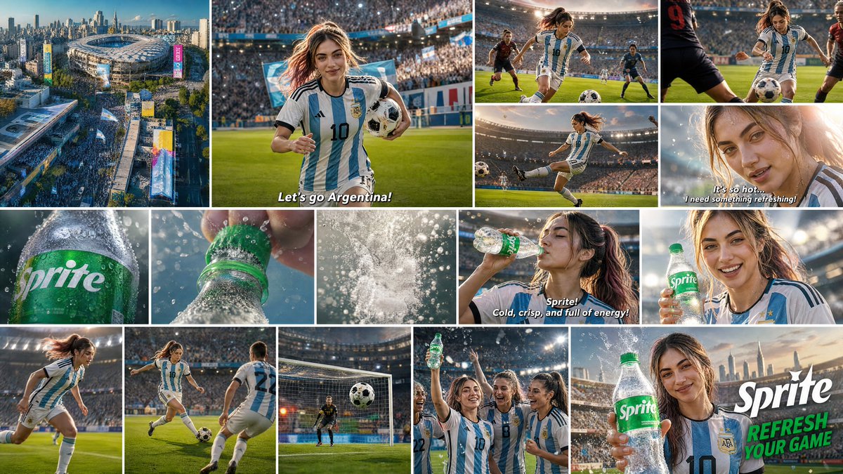 GPT图像分镜 prompt 15秒 FIFA世界杯主办城市 × 雪碧广告 风格：超写实4K电影级广告，色彩鲜艳，明亮阳光照明，逼真的皮肤与织物纹理，动态镜头运动，镜头光晕，快节奏剪辑，充满活...