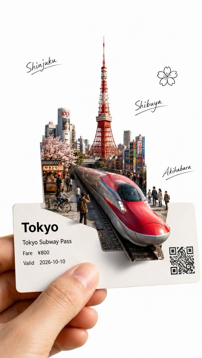GPT image 2 于 CHATGPT 创建一幅高度精致、高端的旅行艺术插画，画面前景中有一只手握着一张白色的 [CITY_NAME] 交通通行证。这张票必须看起来像一张真实的交通票，包含...