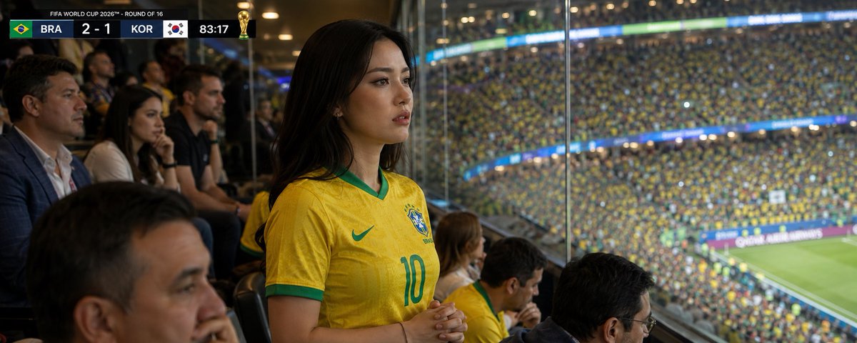 写实的FIFA世界杯2026电视转播反应镜头，拍摄于球场上方的独家招待套房内。使用附带的参考图像作为面部身份的唯一来源，保留她的精确面部、肤色、年龄、比例和可辨认特征。始终保持谦逊外表；如果她...