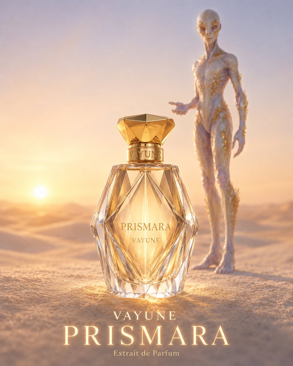 奢华香水广告。产品占据前景：VAYUNE 旗下 PRISMARA，一款切面水晶玻璃香水瓶，配金色瓶盖，在画面中下部居中，约占画面高度 45%，尺寸大、对焦极其锐利，作为场景中最亮且饱和度最高的...