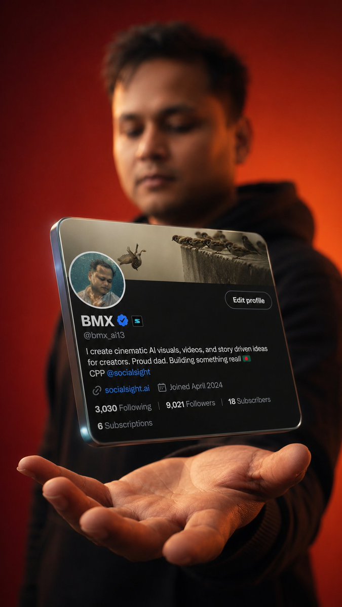 使用上传的 X（推特）头像截图作为卡片内容的精确参考。 创建一个电影级 3D 社交媒体个人资料卡片场景。 核心概念：一张光泽黑色 3D 个人资料卡片悬浮在一只张开的手掌上方，如同未来感的 AR...