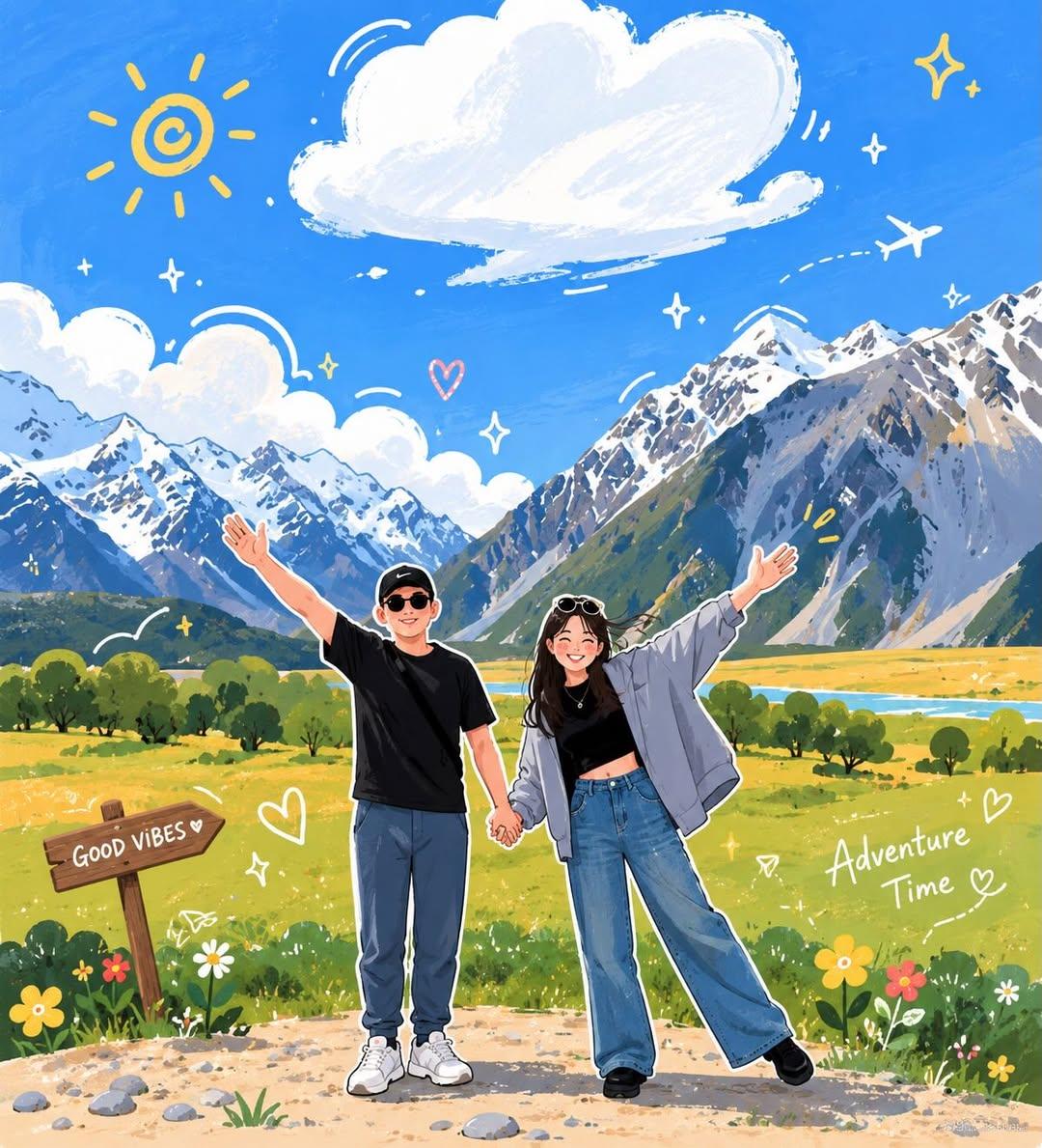 将上传的旅行照片转变成一幅迷人的手绘动漫插画，同时完美保留原始的姿势、构图、服装、手牵手的手势、山地景观和相机角度。可爱情侣并肩站立，双臂高举，洋溢着欢乐的表情、温柔的微笑和明亮的冒险氛围。背...