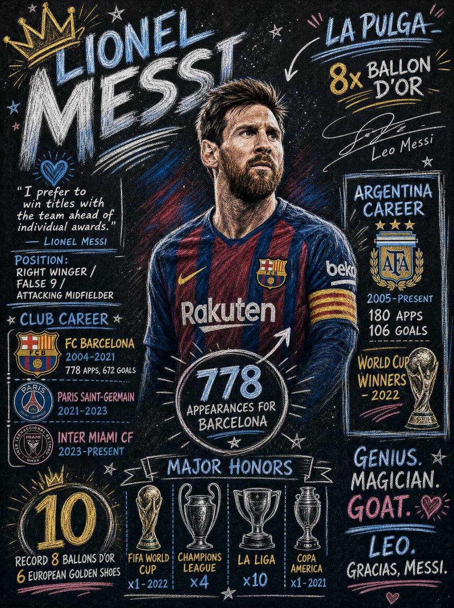 Lionel Messi, 深炭灰或带纹理的黑板, 浅蓝、白色和银色，带粉笔质感, 奖杯和皇冠用金色，黄色和浅粉色用于爱心, 信息图海报，作为对他体育生涯的致敬, 黑板粉笔艺术，手绘美学，高度...