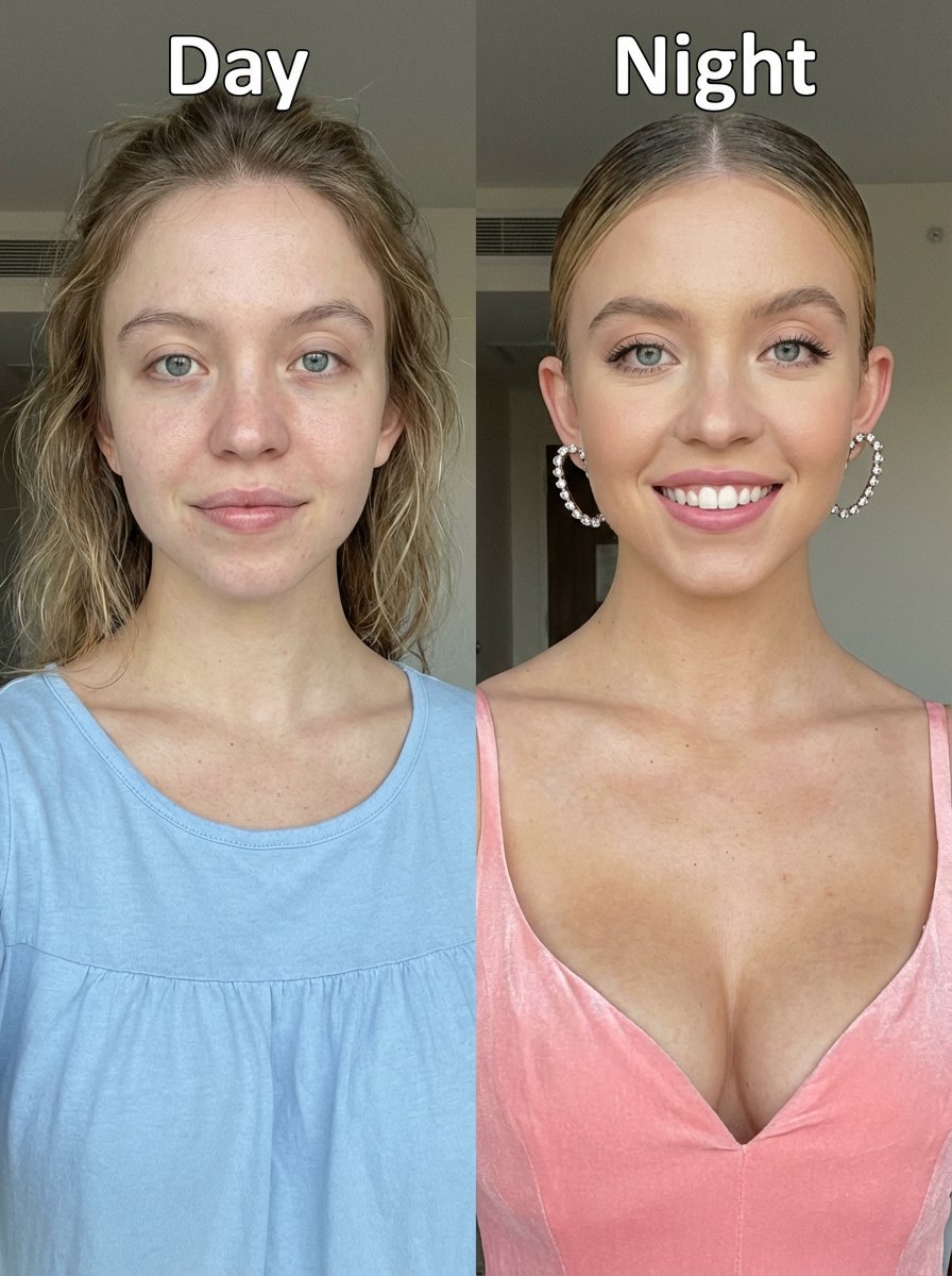 https://t.co/vq2YqnRDgy 提示词： Sydney Sweeney 上半身肖像并排对比，两半均展露温暖笑容，沿画面正中央笔直分割，形成清晰的视觉对比。每半边顶部加粗显示文字...